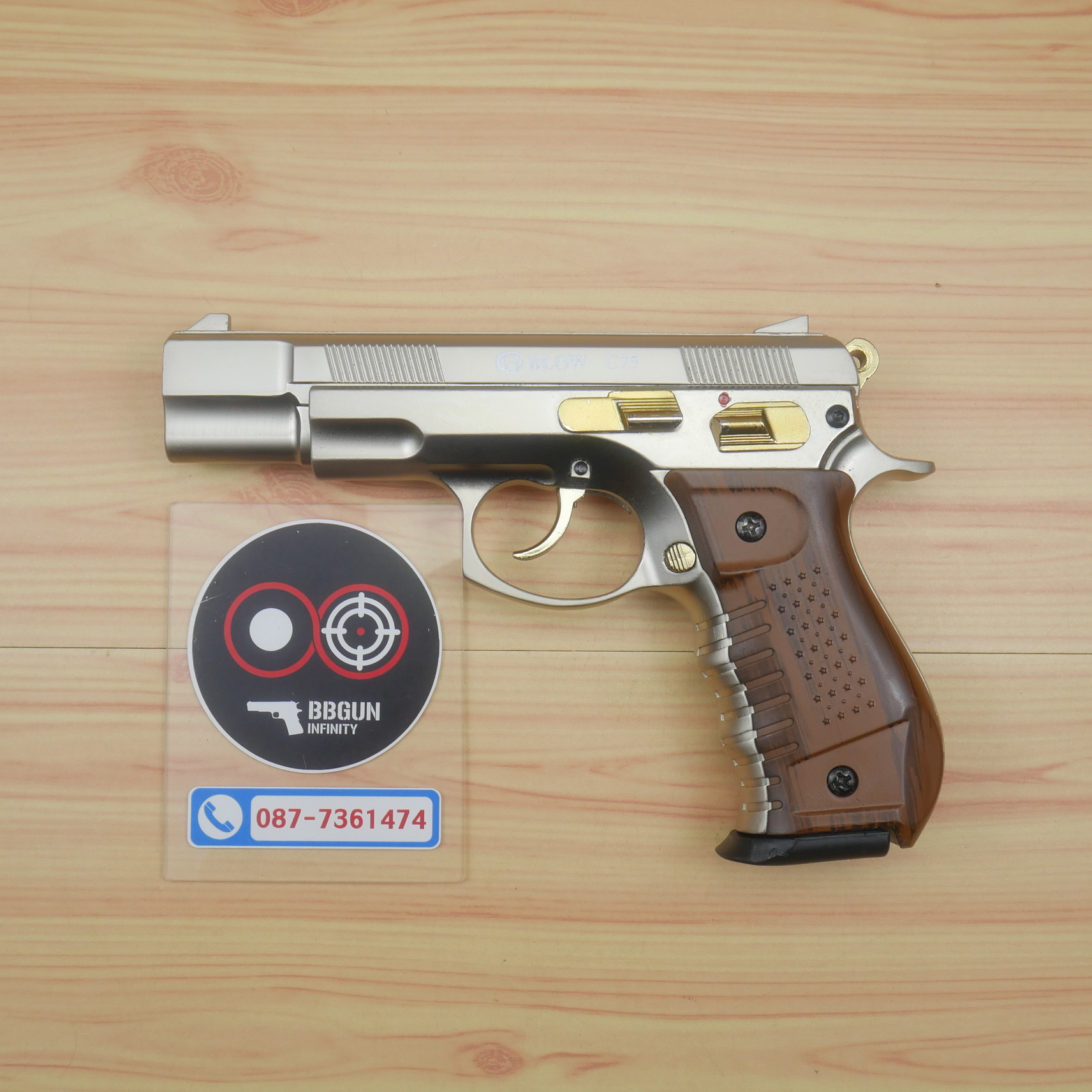 แบลงค์กัน BLOW CZ75 ซาตินทองกริปลายไม้ SATINA WOODEN GRIPS GOLDEN PARTS Blank Gun ( 2 แม็กกาซีน + กล่องปืน )