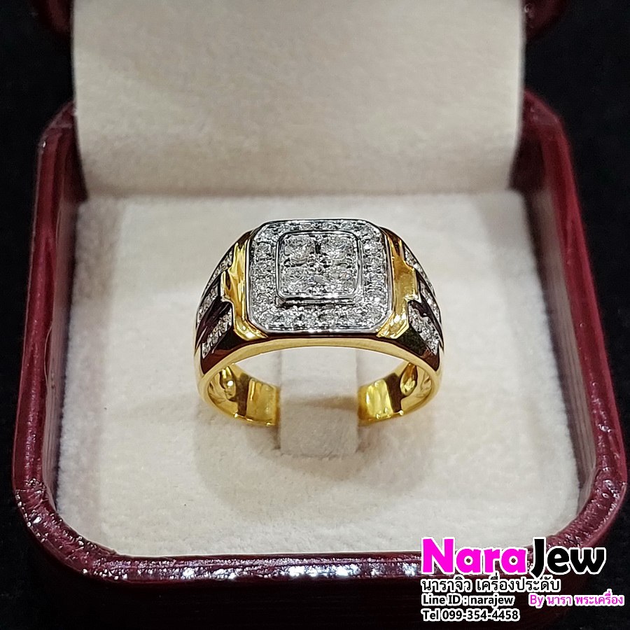 แหวนเพชรชาย ประดับเพชรแท้ 0.52 กะรัต บ่าข้างเพชรแท้ 3 แถว