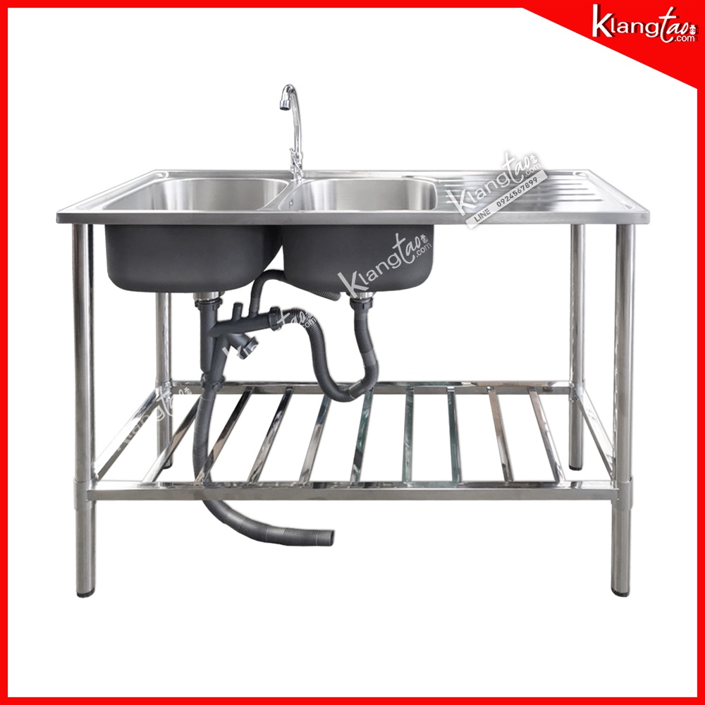 Dyna home อ่างล้างจาน ซิงค์ล้างจาน รุ่น DH-1250-A สแตนเลสทั้งตัว 120x50x75 ซม. แบบ 2 หลุม ชั้นวางด้านล่าง 1 ชั้น ฟรีก๊อก