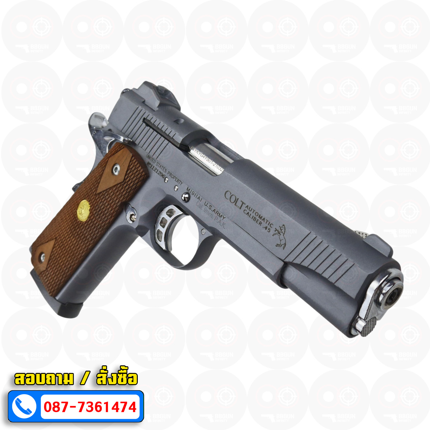 แบลงค์กัน KUZEY M1911 ลำ 5 นิ้ว COLT'S MK IV SERIES'70 blank gun สีสโม๊ค (smoke) ด้ามไม้