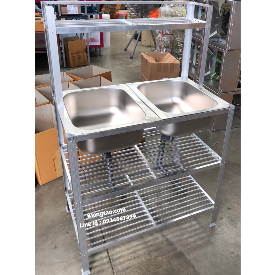 อ่างล้างจาน อ่างคู่ 50x90x124 ซม. ตะแกรงซี่ 2 ชั้น รุ่น M953+บน ซิงค์ สแตนเลส ขาอลูมิเนียม (ไม่เจาะรูก๊อก ไม่ขัดเงา)