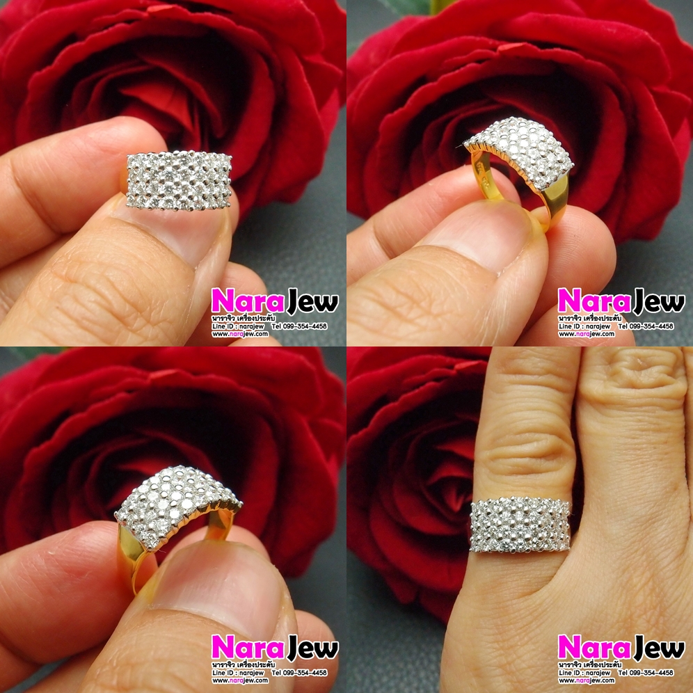 แหวนเพชรแถว 4 แถว นน.เพชรแท้รวม 1.08 กะรัต หน้ากว้างใส่สวย เพชรเล่นไฟวิ้ง