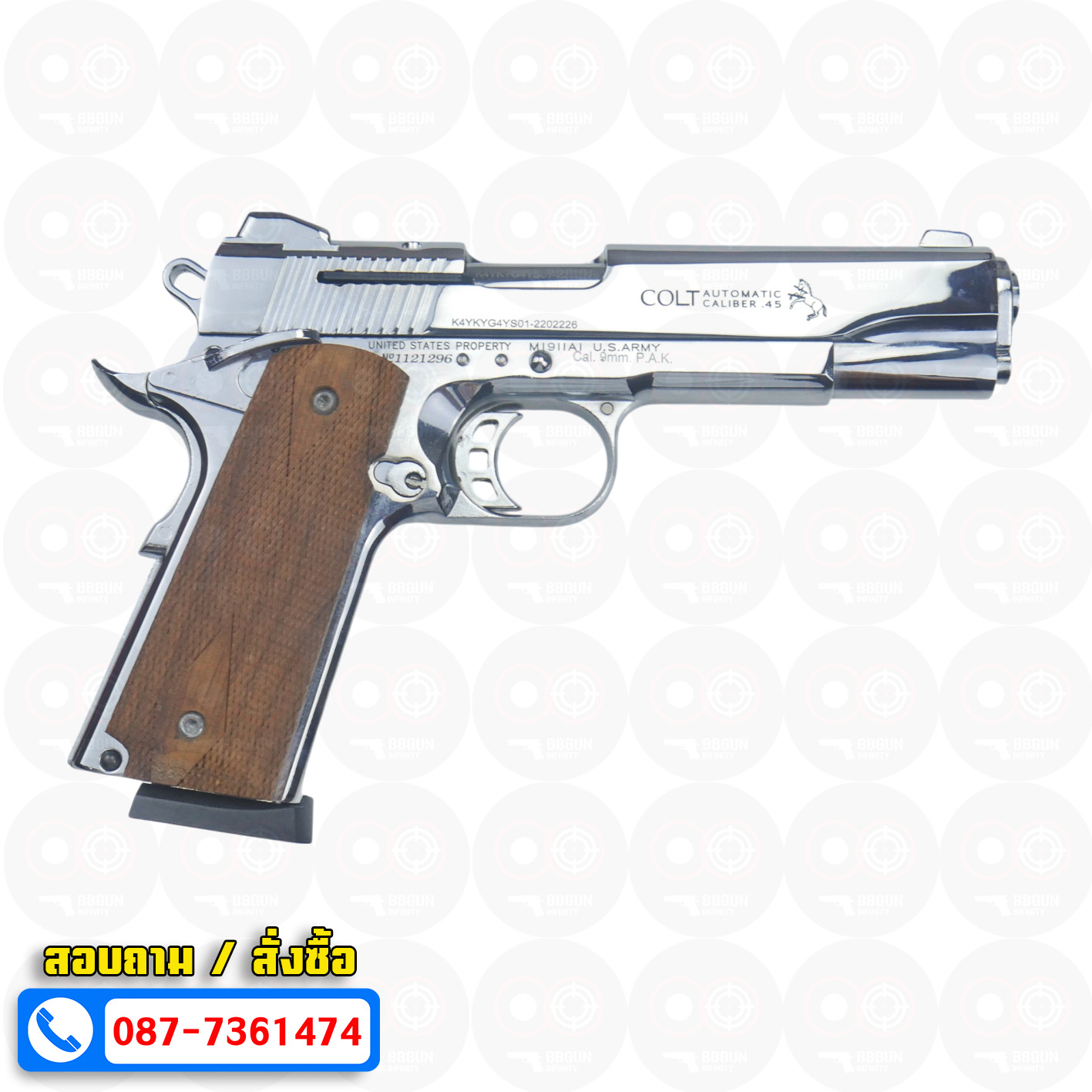 แบลงค์กัน KUZEY M1911 COLT MK IV SR70 สีเงินเงา 5 นิ้ว ด้ามไม้ blank gun
