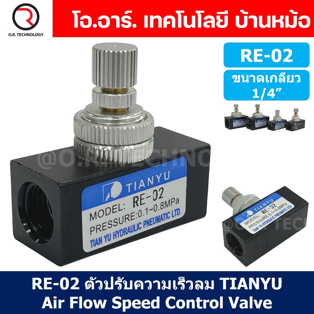 (1ชิ้น) RE-02 ตัวปรับความเร็วลม วาล์วปรับความเร็วลม ตัวปรับลม Air Flow Speed Control Valve TIANYU ขนาดเกลียว 1/4"