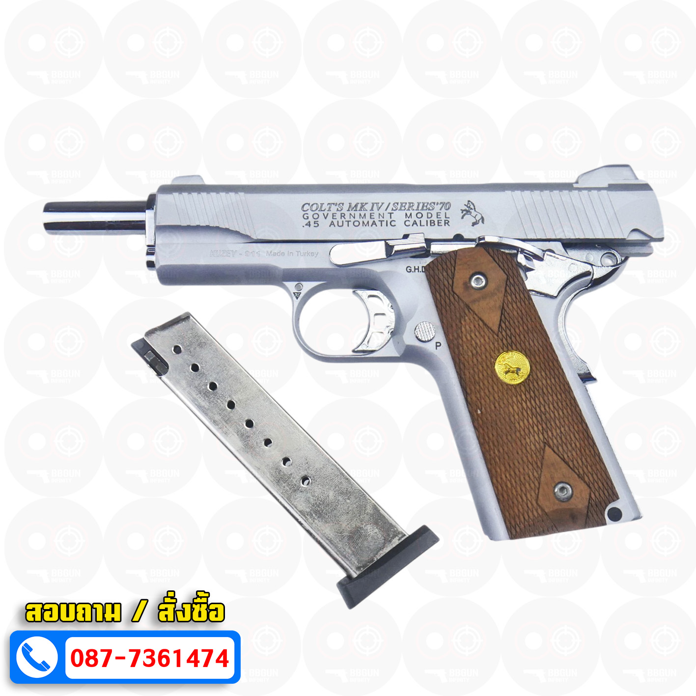 แบลงค์กัน KUZEY M1911 COLT MK IV SR70 สีเงินด้าน 5 นิ้ว ด้ามไม้ (แถมกล่องใส่ปืน) blank gun