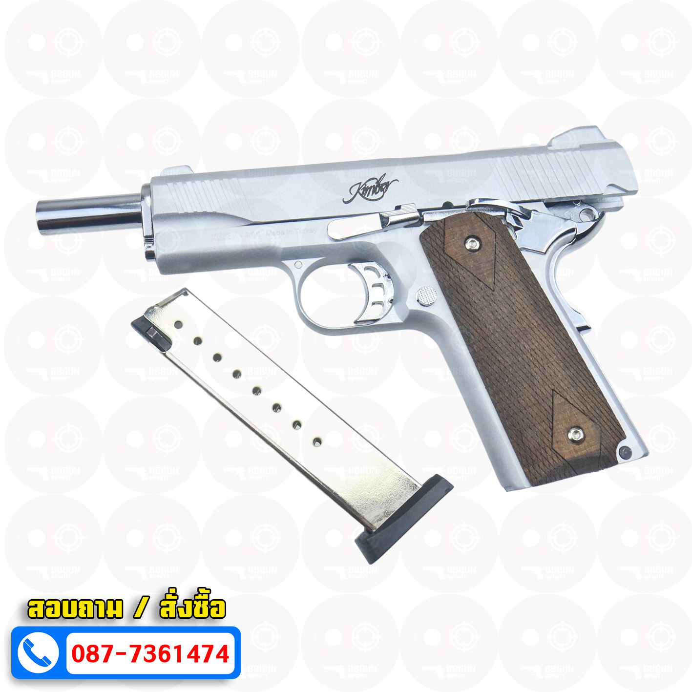 แบลงค์กัน KUZEY M1911 KIMBER สีเงินด้าน 5 นิ้ว ด้ามไม้ blank gun