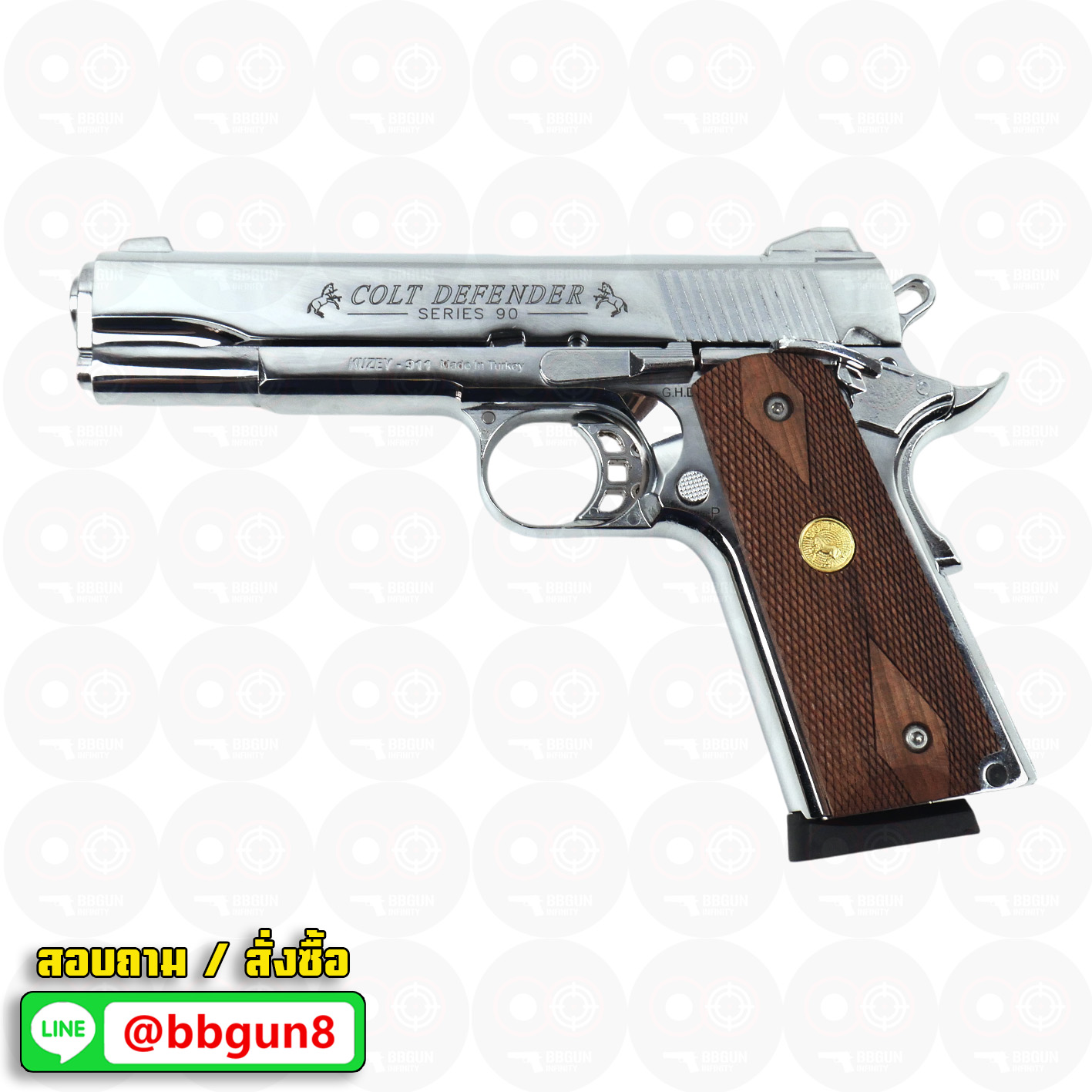 Blank Gun KUZEY M1911 COLT'S DEFENDER SERIES 90 ลำกล้อง 5 นิ้ว เงินเงา แบลงค์กัน ด้ามไม้