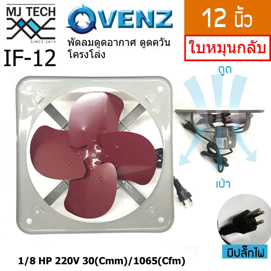 VENZ พัดลมอุตสาหกรรมใบแดง พัดลมดูดควัน โครงโล่ง (หมุนกลับทาง) ขนาด 12 นิ้ว รุ่น IF-12E