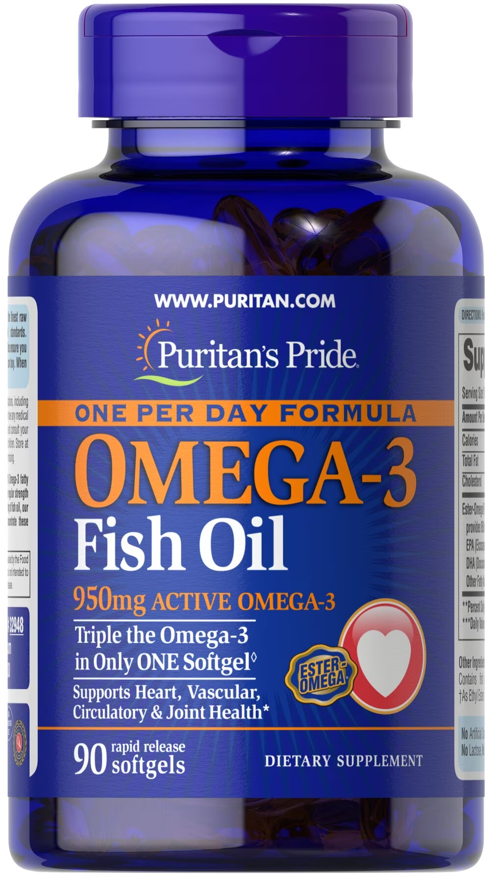 Puritan's Pride Omega-3 Fish Oil Triple Strength สูตรเข้มข้น 1,400 mg (950 mg. Active Omega-3) 90 เม็ด one per day