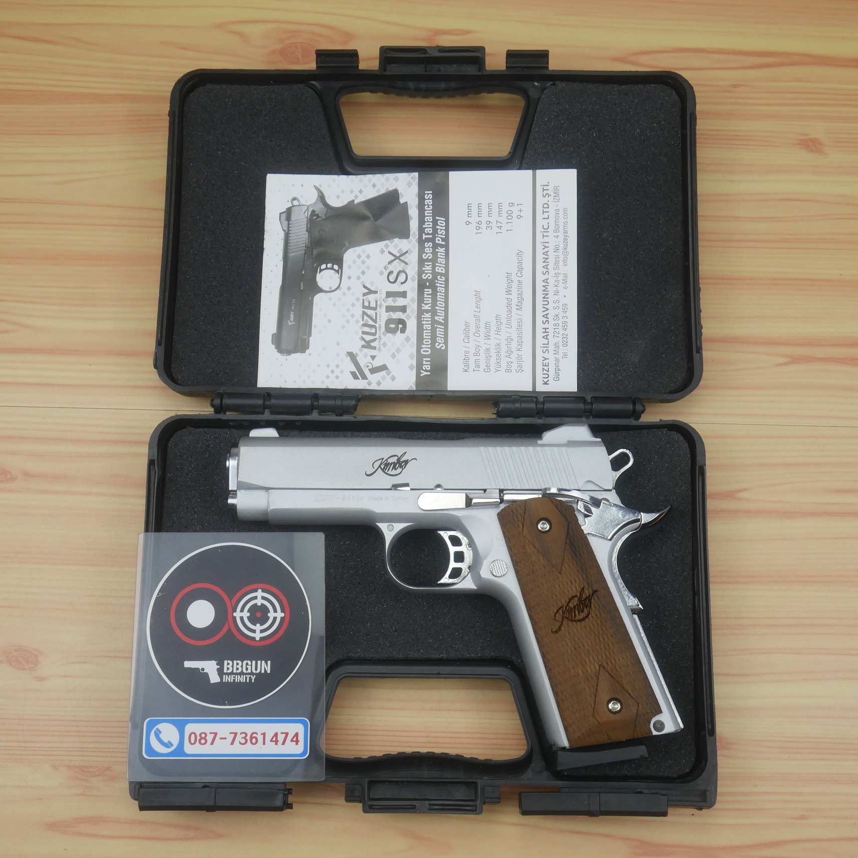 แบลงค์กัน KUZEY M1911 Kimber สีเงินด้าน ลำกล้อง 4 นิ้ว blank gun ด้ามไม้