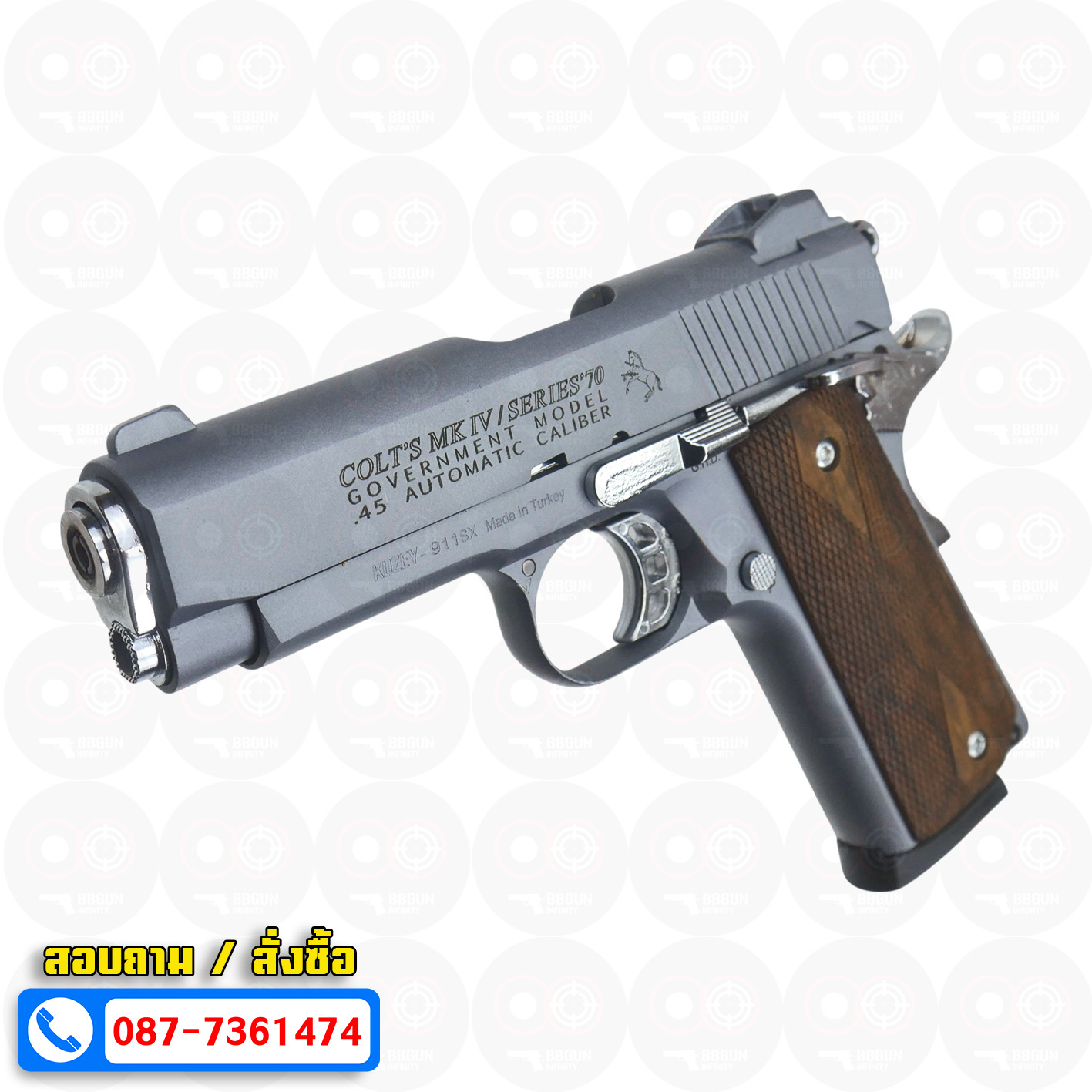 แบลงค์กัน KUZEY M1911 COLT MK IV SR70 สีสโมค 4 นิ้ว ด้ามไม้ blank gun
