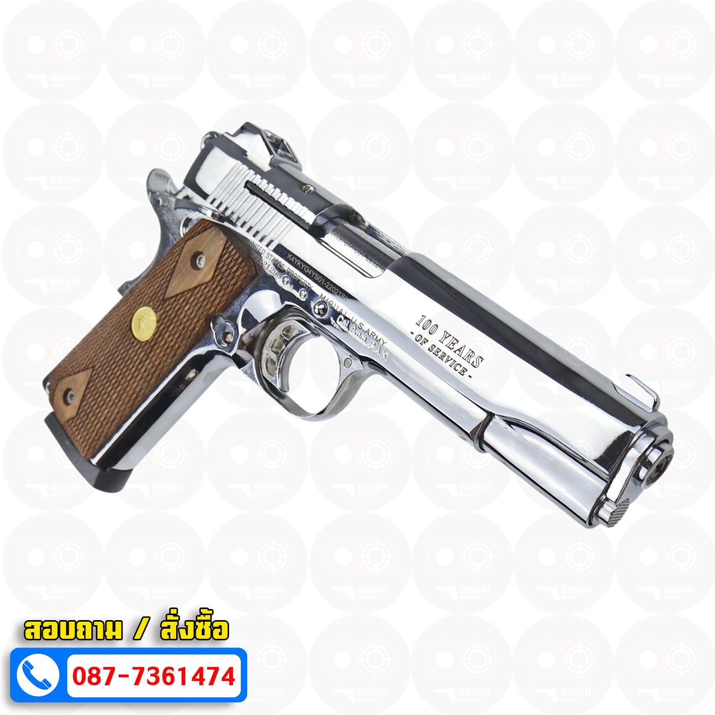แบลงค์กัน KUZEY M1911 COLT'S 100 ปี สีเงินเงา ลำกกล้อง 5 นิ้ว blank gun ด้ามไม้ (แถมกล่องใส่ปืน)