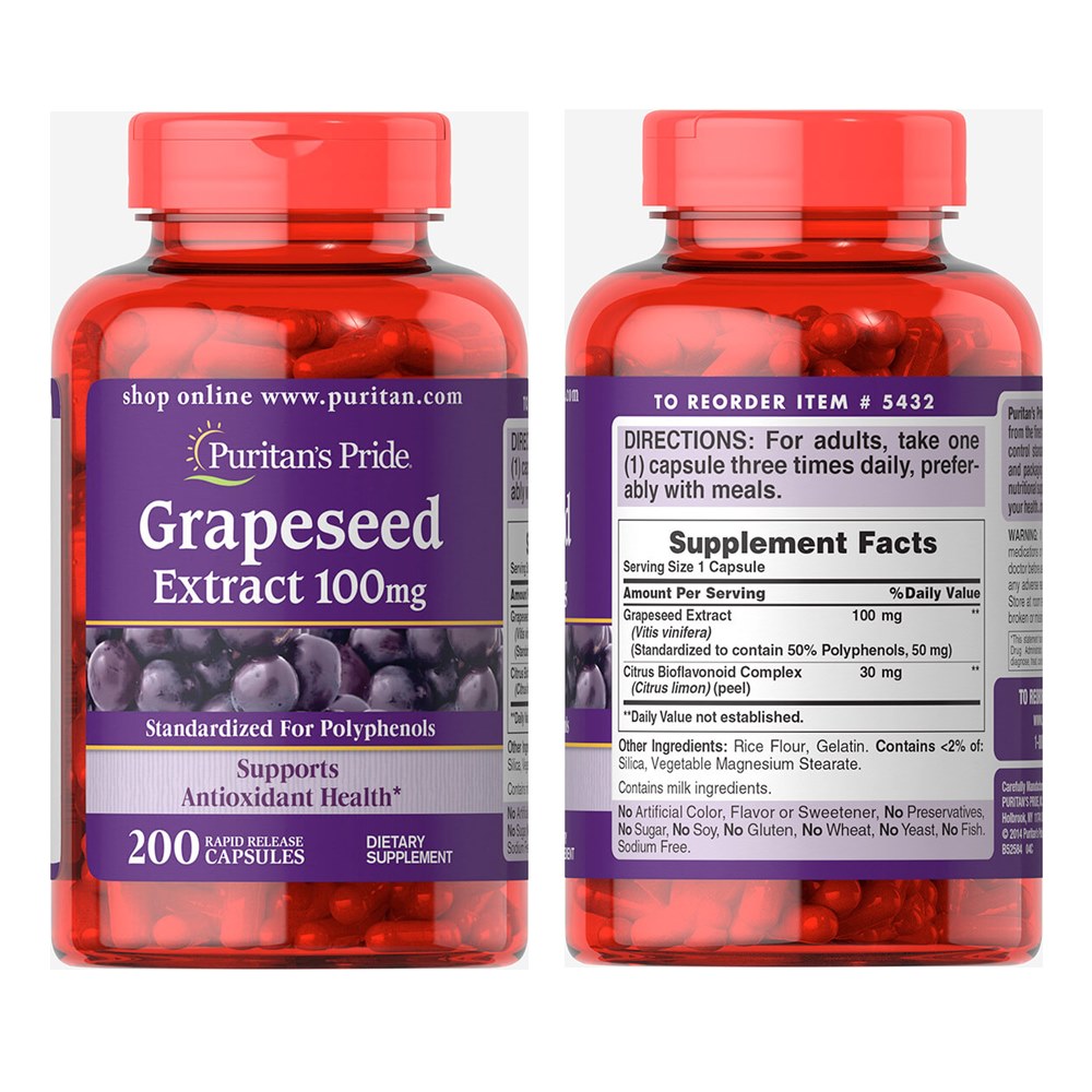 Puritan's Pride Grapeseed Extract 100 mg. 200 เม็ด grape seed อุดมไปด้วยวิตามิน A สารต้านอนุมูลอิสระมากมาย จากอเมริกาค่ะ