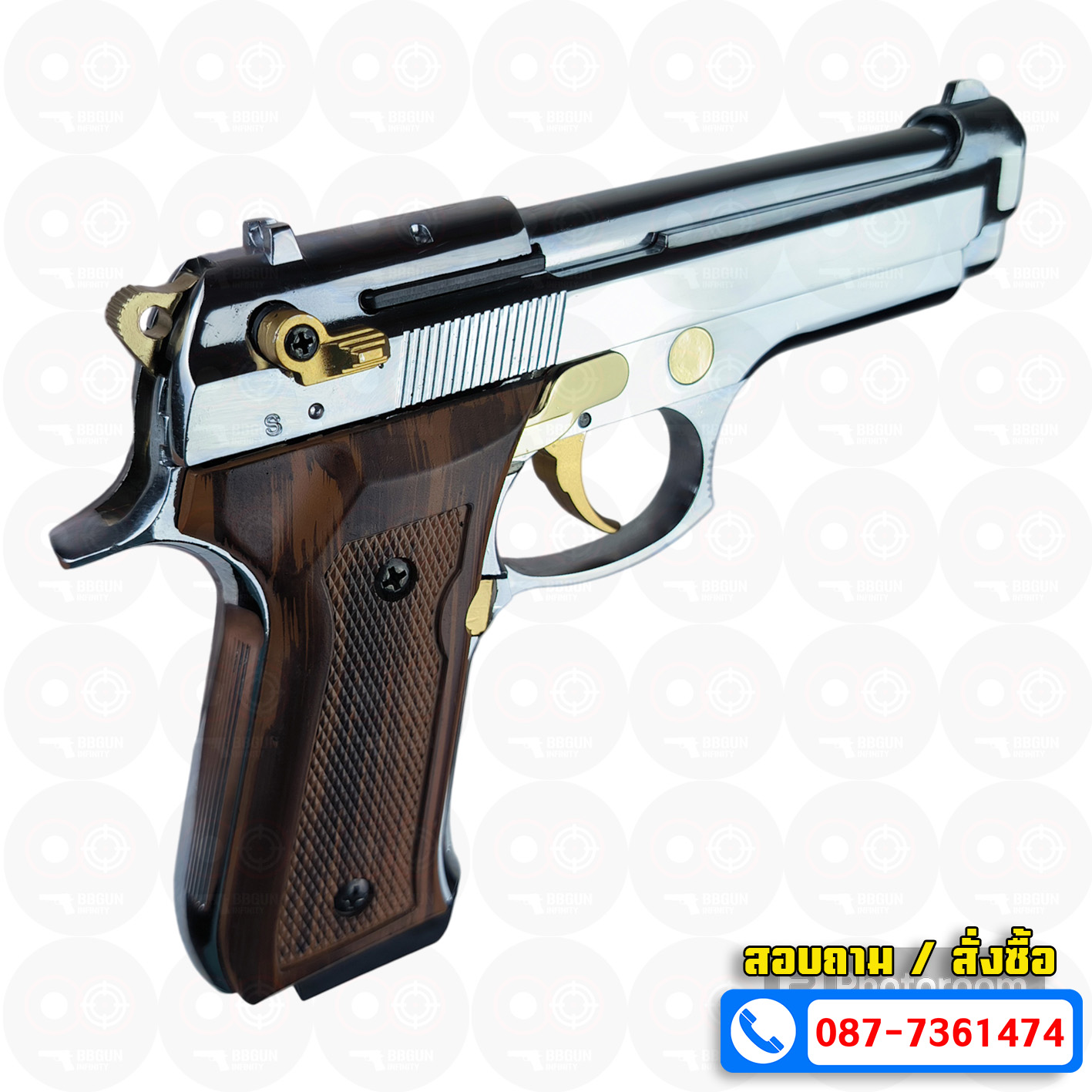 แบลงค์กัน BLOW F92 AUTO SHINY CHROME GOLDEN PARTS WOODEN GRIPS สีเงินเงา ไกทอง ด้ามลาย ( 2 แม็กกาซีน + กล่องปืน )