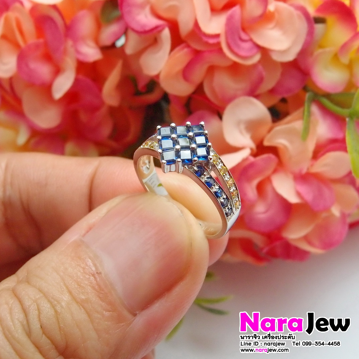 แหวนไพลิน ประดับพลอยบุษราคัม White Gold14K แบบแหวนหน้ากว้าง ใส่สวยเต็มนิ้ว
