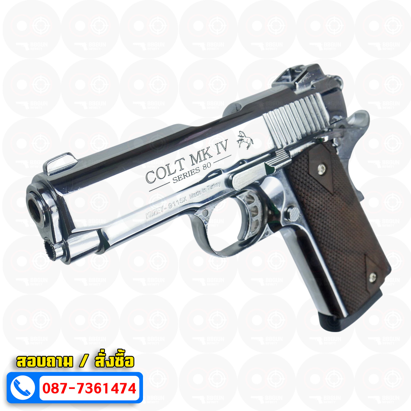 แบลงค์กัน KUZEY M1911 COLT'S MK IV SERIES 80 blank gun สีเงินเงา ลำ 4 นิ้ว ด้ามไม้
