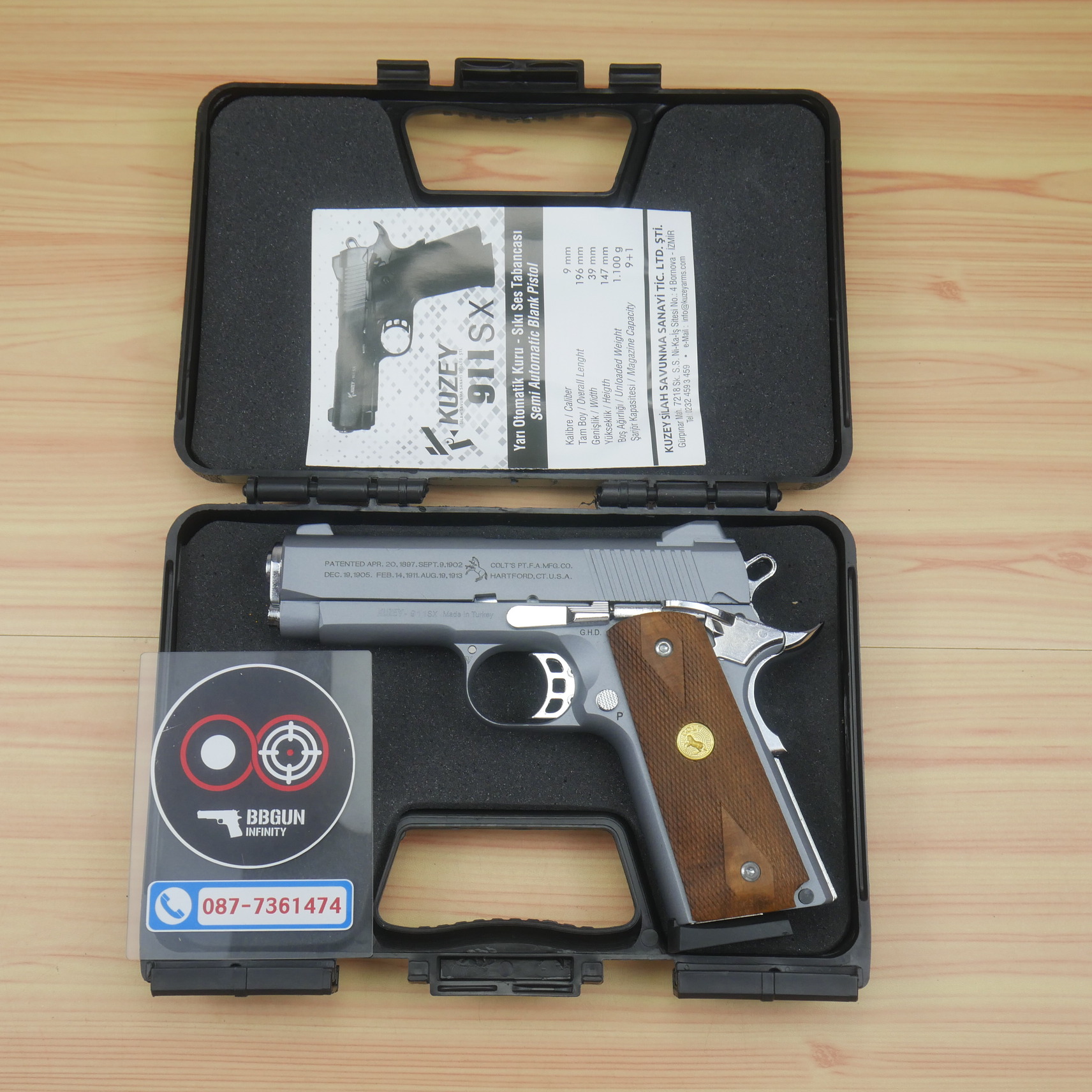 แบลงค์กัน KUZEY M1911 COLT'S 100 ปี สีสโมค 4 นิ้ว blank gun ด้ามไม้