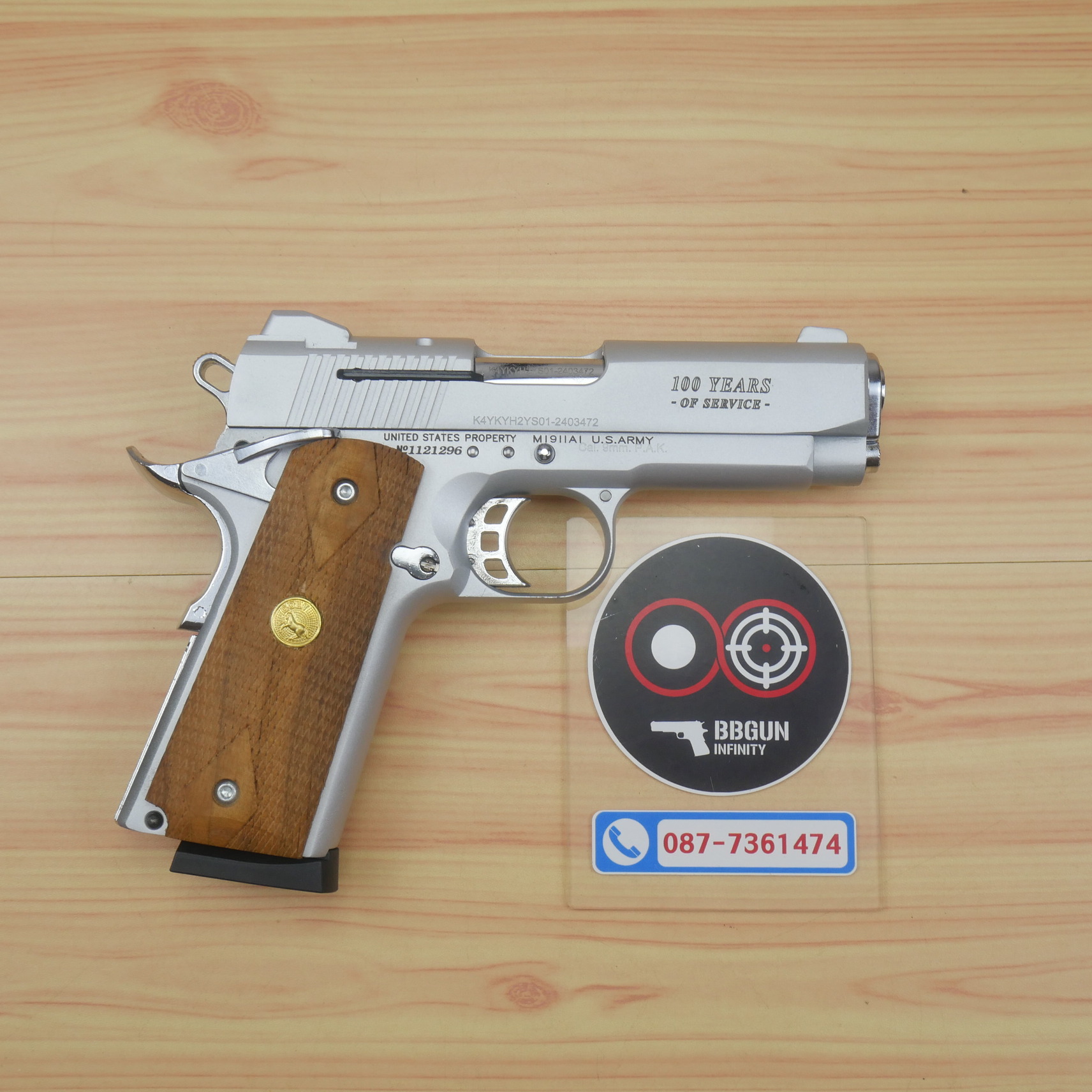 Blank Gun KUZEY Colt Government 100 Years ลํากล้อง 4 นิ้ว เงินด้าน แบลงค์กัน ด้ามไม้ (แถมกล่องใส่ปืน)