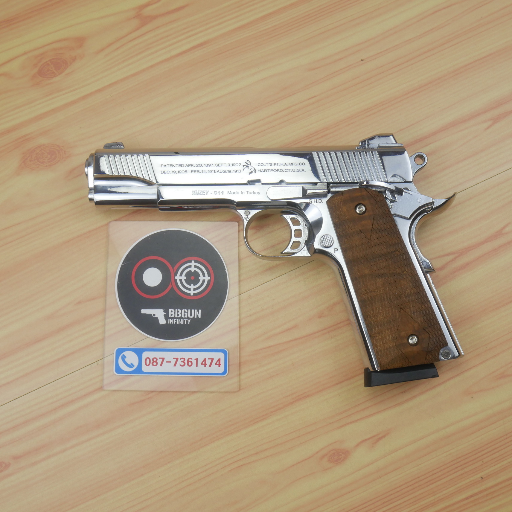 แบลงค์กัน KUZEY M1911 COLT'S 100 ปี สีเงินเงา 5 นิ้ว ด้ามไม้ blank gun