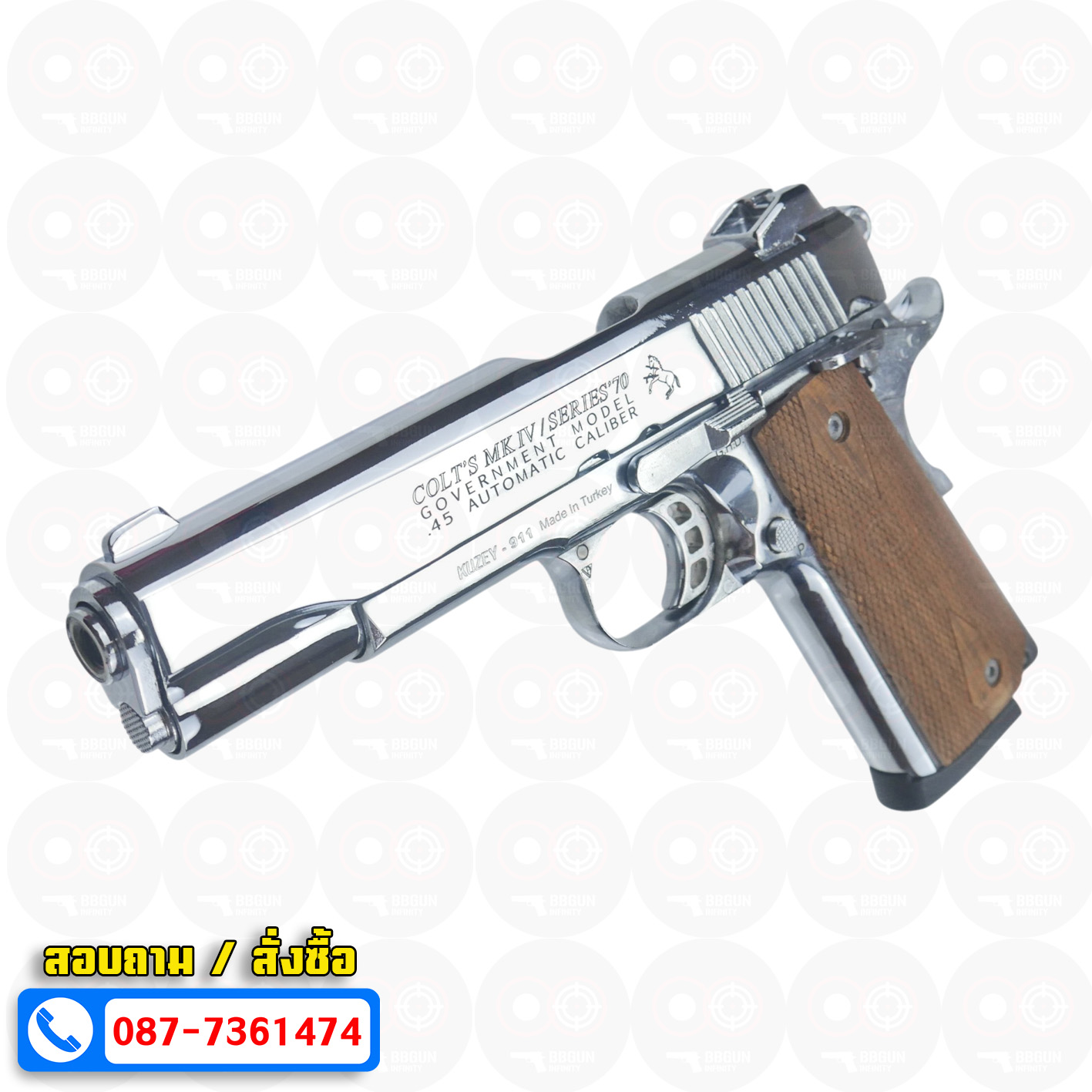 แบลงค์กัน KUZEY M1911 COLT MK IV SR70 สีเงินเงา 5 นิ้ว ด้ามไม้ blank gun