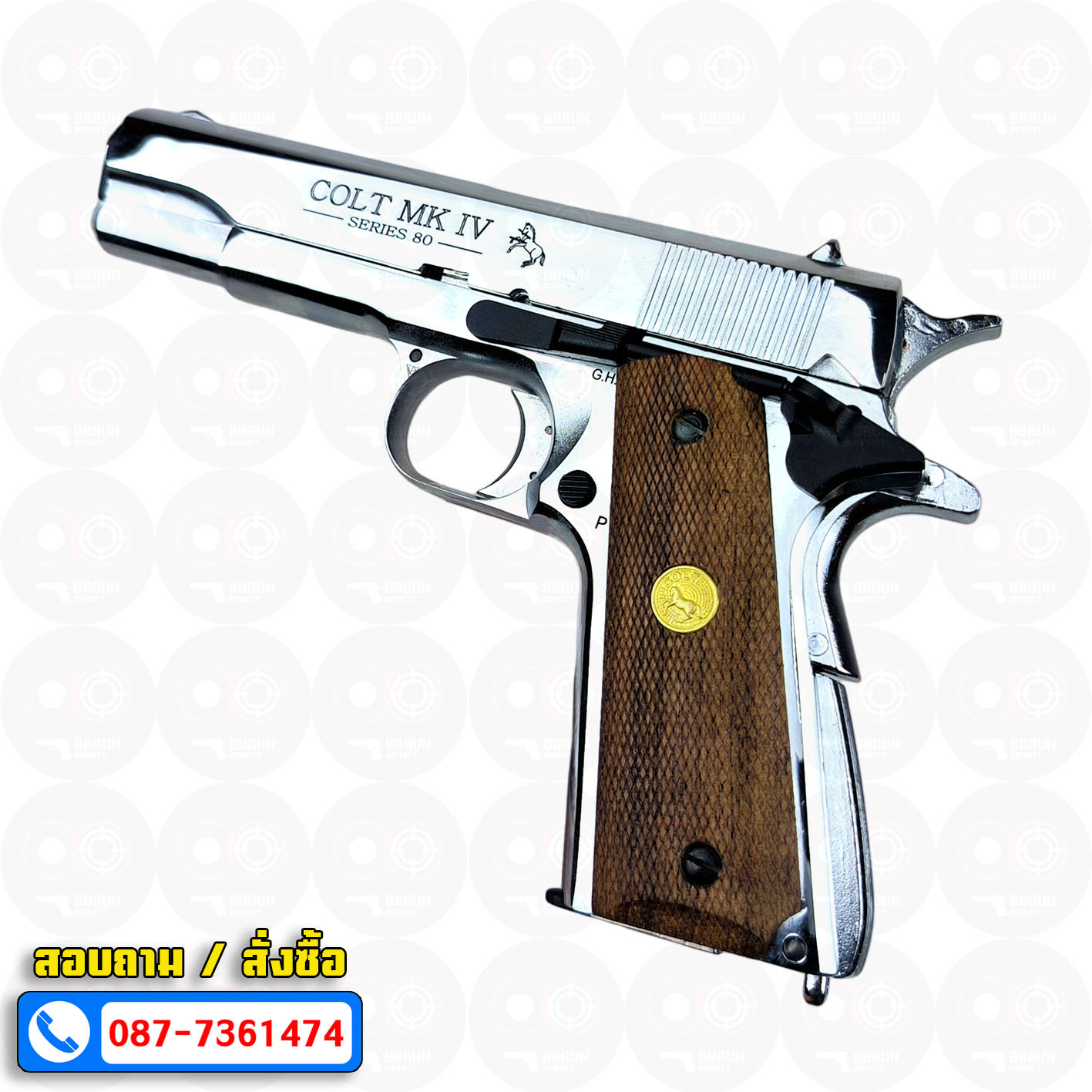 แบลงค์กัน AKSA Colt MK IV Series 80 Automatic Caliber .45 สีเงินเงา กริปไม้ (2 แม็กกาซีน) BLANK GUN