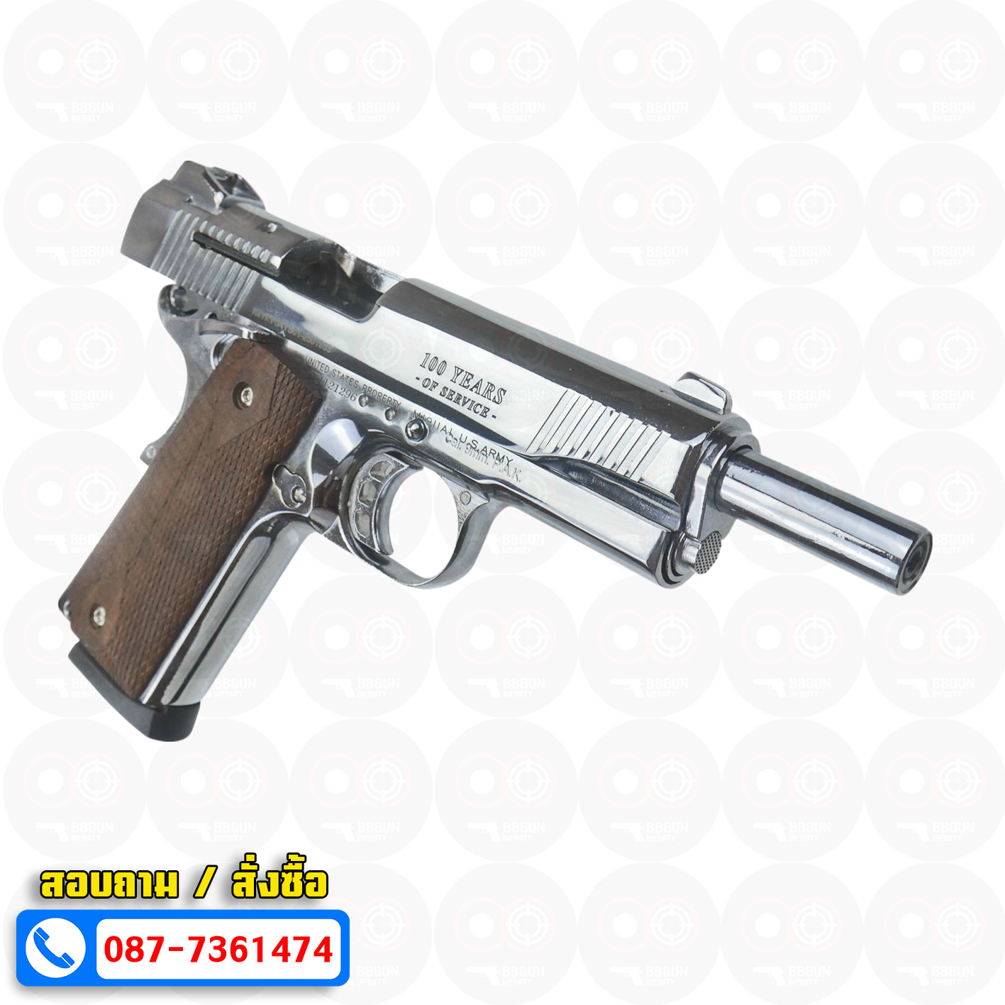 แบลงค์กัน KUZEY M1911 COLT'S 100 ปี สีเงินเงา 5 นิ้ว ด้ามไม้ blank gun