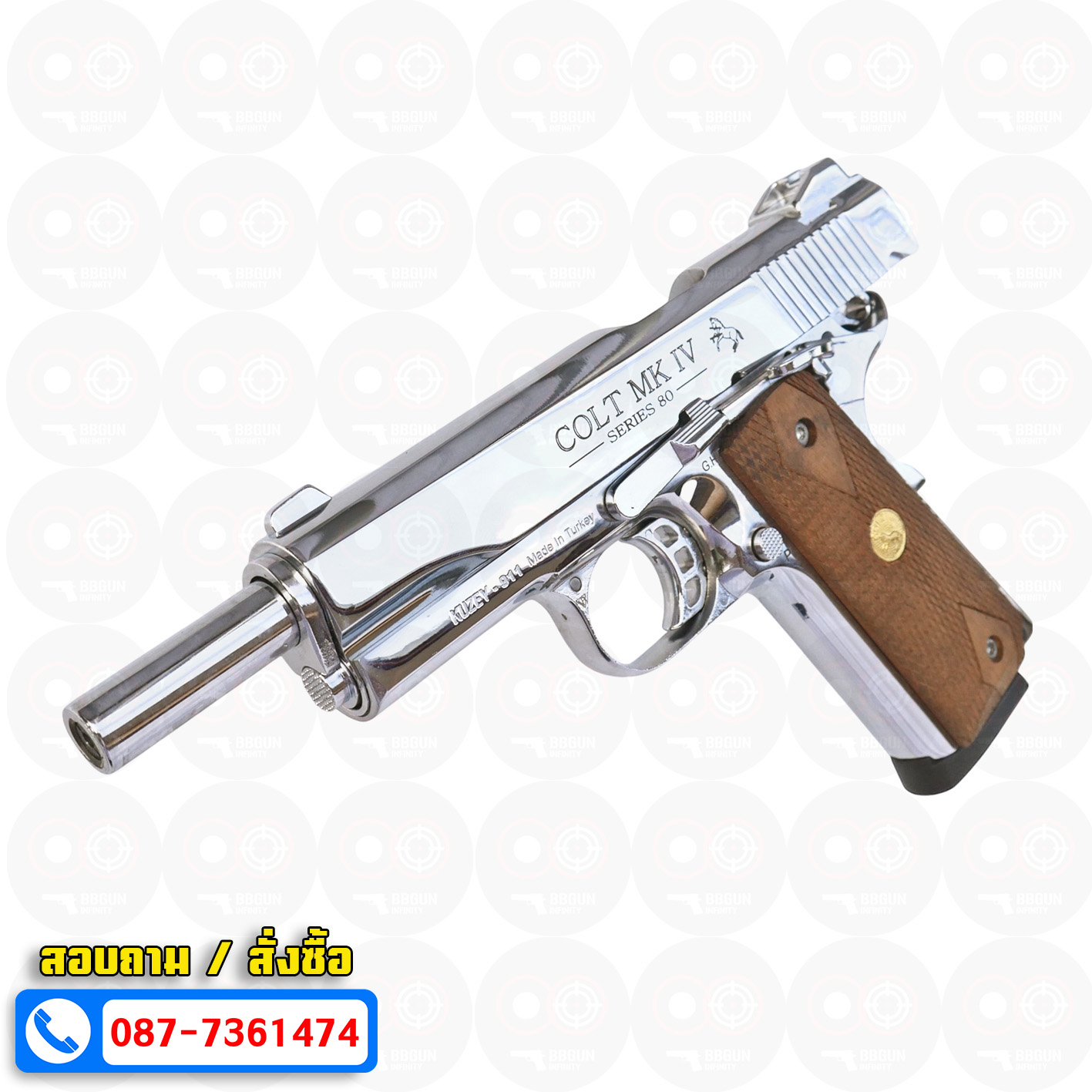 ปืนแบลงค์กัน KUZEY M1911 ลำ 5 นิ้ว COLT'S MK IV SERIES 80 blank gun สีเงินเงา ด้ามไม้ (แถมกล่องใส่ปืน)