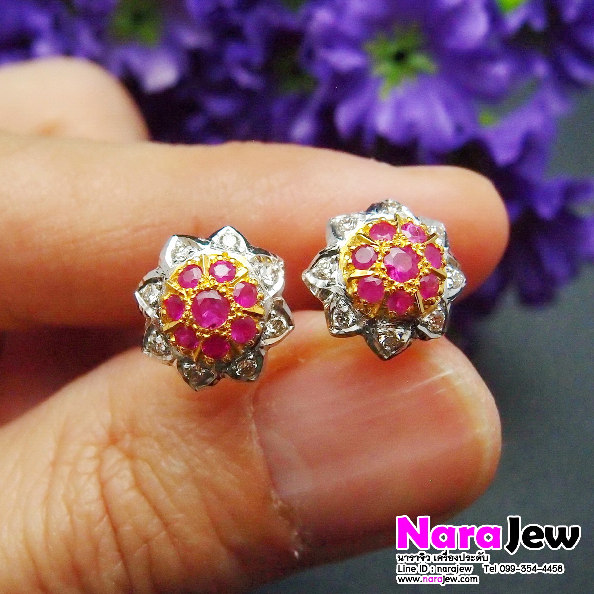 ต่างหูทับทิมแท้ ล้อมเพชรแท้ ทรงดอกบัวคว่ำ ประดับเพชรแท้ 0.32 ct.