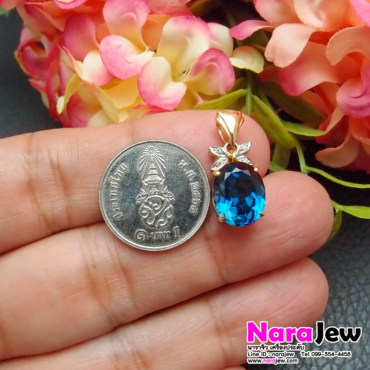 จี้พลอยแท้ ลอนดอนบลูโทพาซ เม็ดใหญ่ นน. 4.85 กะรัต ประดับเพชรแท้