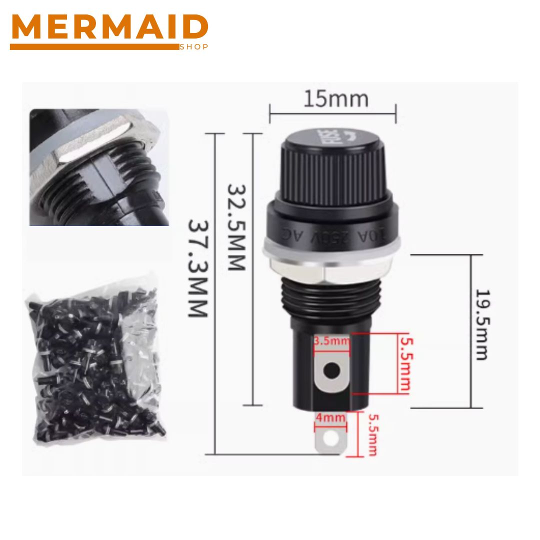 ฐานฟิวส์หลอดแก้ว Fuse Holder กระบอกฟิวส์ดำ 5X20mm. 10A 250VAC/15A 125VAC สินค้าในไทย