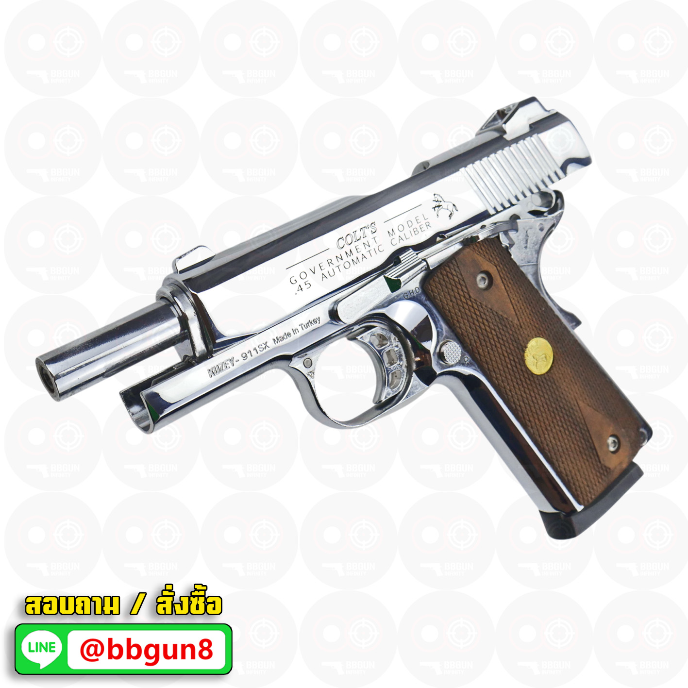 Blank Gun KUZEY M1911 Colt Government 100 Years ลํากล้อง 4 นิ้ว เงินเงา แบลงค์กัน ด้ามไม้ (แถมกล่องใส่ปืน)