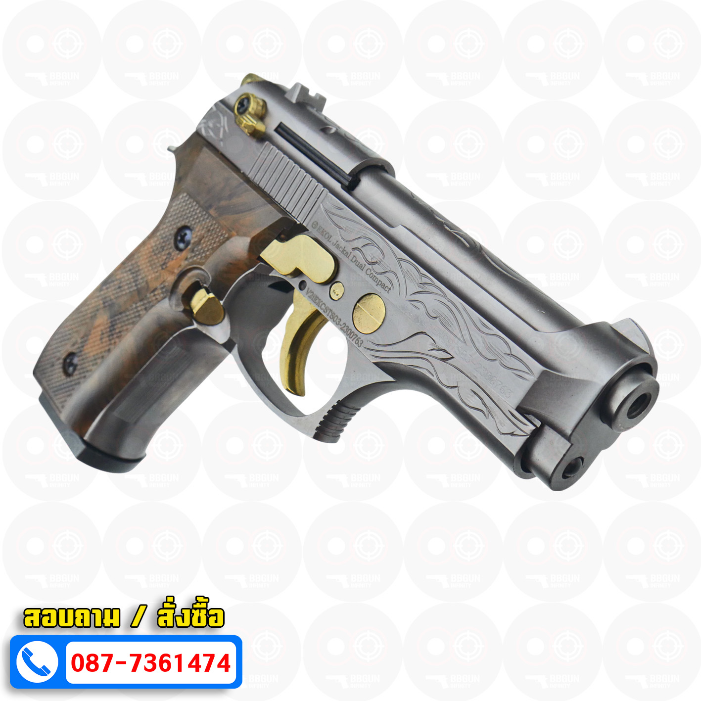 EKOL Jackal Dual Compact M92 4" (Full Auto) สีฟูมทองลาย แบลงค์กันบาเร็ตต้า 9 mm.P.A.K. (ฟูลออโต้) (แถมกล่องใส่ปืน แม็กกาซีน 2 อัน) blank gun
