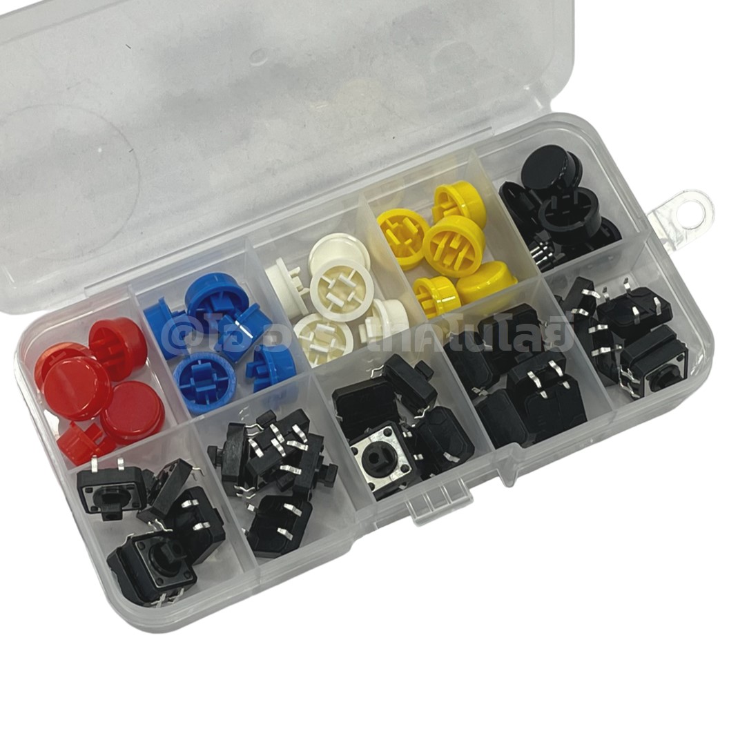 Push Button Kit ชุด ปุ่มกด กดติด-ปล่อยดับ 25ชิ้น PCB Momentary Tactile Push Button Switch with CAP 5สี สีละ5ชิ้น Micro switch