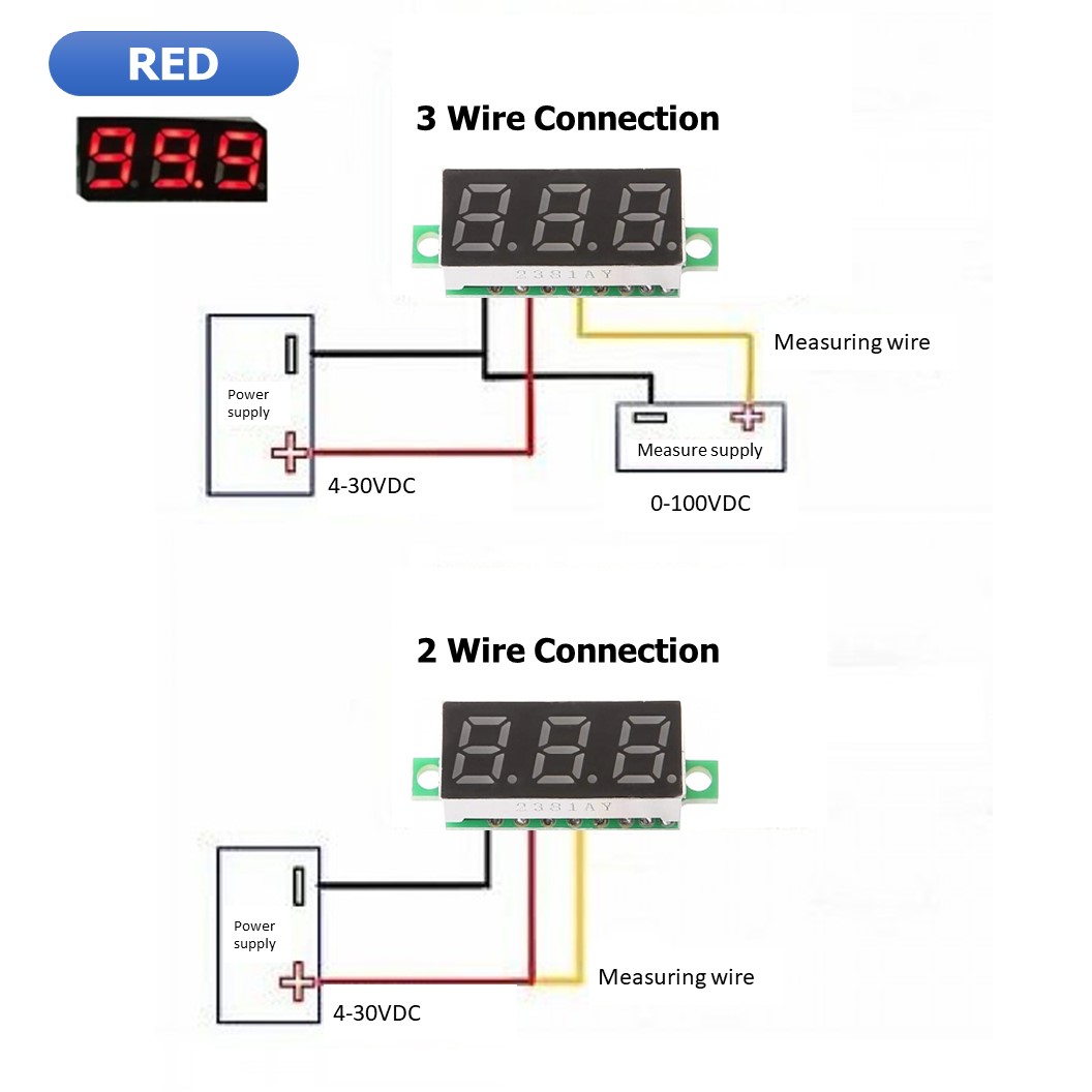 (1ชิ้น) NC290 จอแสดงผล โวลต์มิเตอร์ 3 สาย สีแดง ขนาด 0.28นิ้ว 0-100VDC 3-Wire DC Voltmeter Red