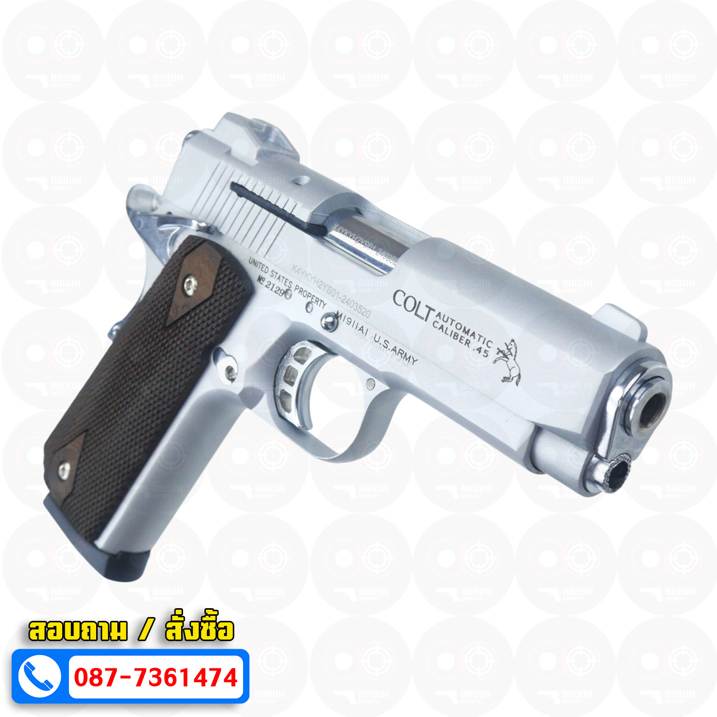 แบลงค์กัน KUZEY M1911 COLT MK IV SERIES 80 สีเงินด้าน 4 นิ้ว ด้ามไม้ Blank Gun