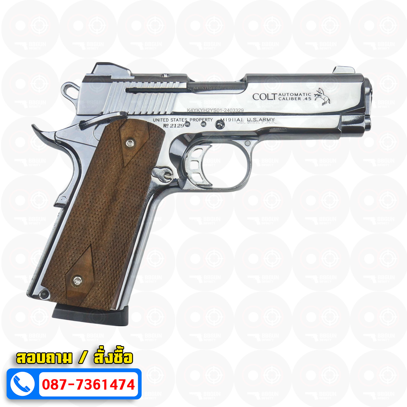 แบลงค์กัน KUZEY M1911 COLT'S DEFENDER SERIES 90 สีเงินเงา 4 นิ้ว ด้ามไม้ Blank Gun