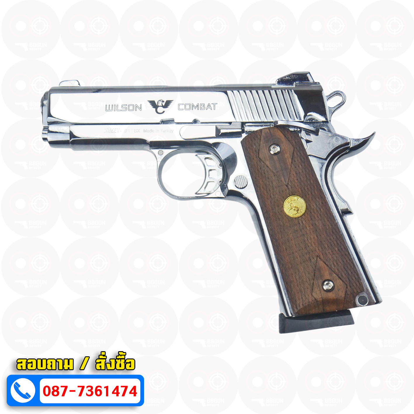 Blank Gun KUZEY M1911 WILSON COMBAT เงินเงา 4 นิ้ว แบลงค์กัน ด้ามไม้
