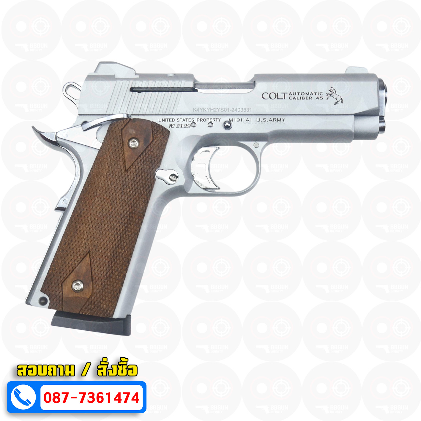 แบลงค์กัน KUZEY M1911 COLT'S DEFENDER SERIES 90 สีเงินด้าน 4 นิ้ว ด้ามไม้ Blank Gun