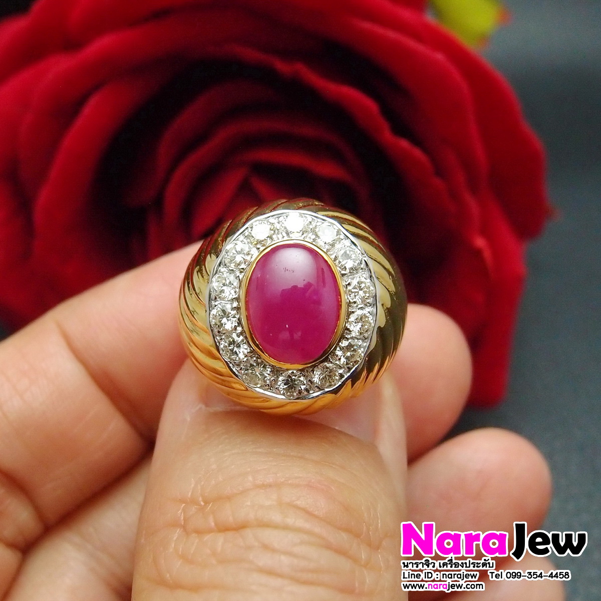 แหวนทับทิมพม่าชาย ล้อมเพชรแท้ ทับทิมพม่า สี Pinkish Red Ruby พร้อมใบเซอร์สถาบันอัญมณี GBL หลุดจำนำ