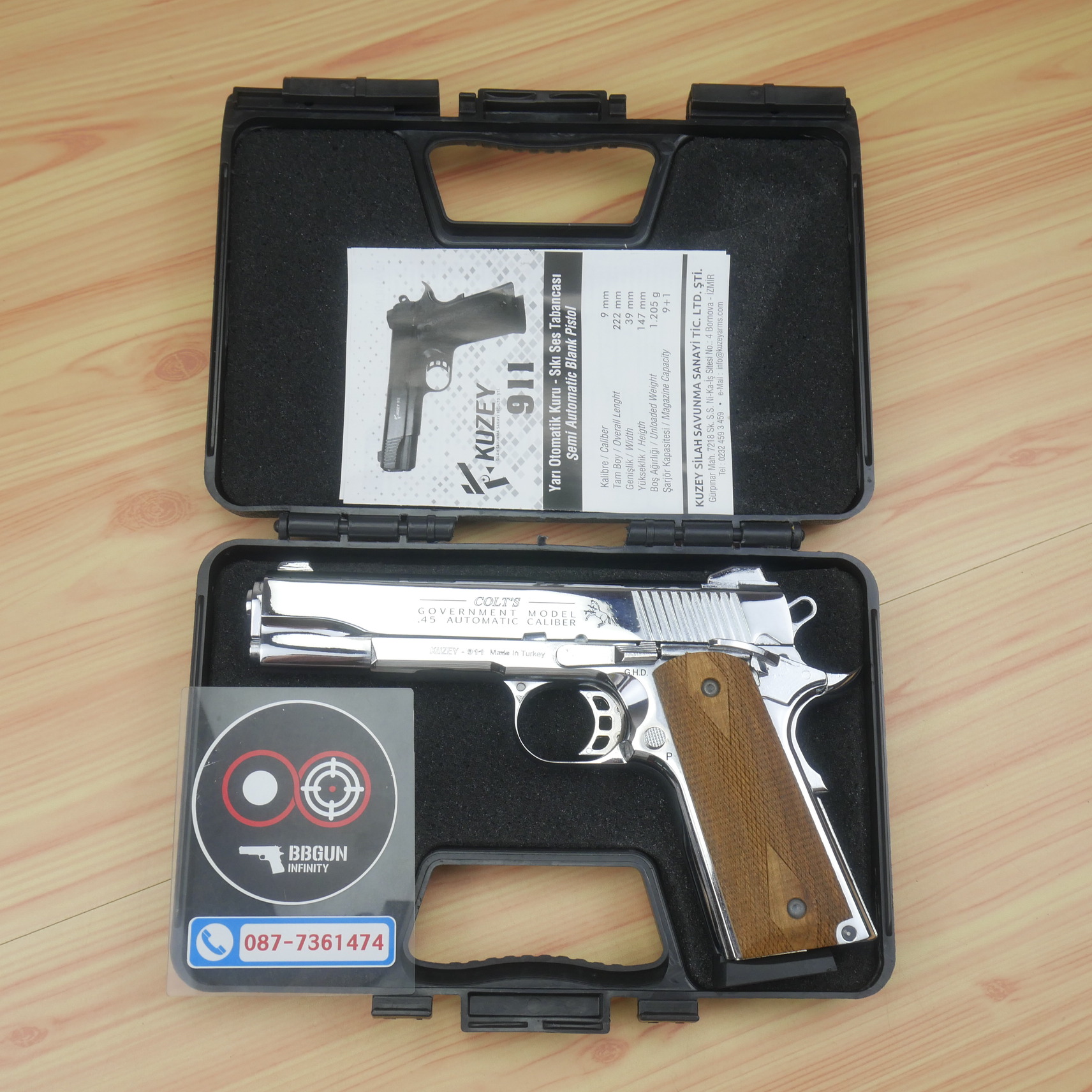 แบลงค์กัน KUZEY M1911 COLT GOVERMENT 100 Year เงินเงา 5 นิ้ว blank gun ด้ามไม้