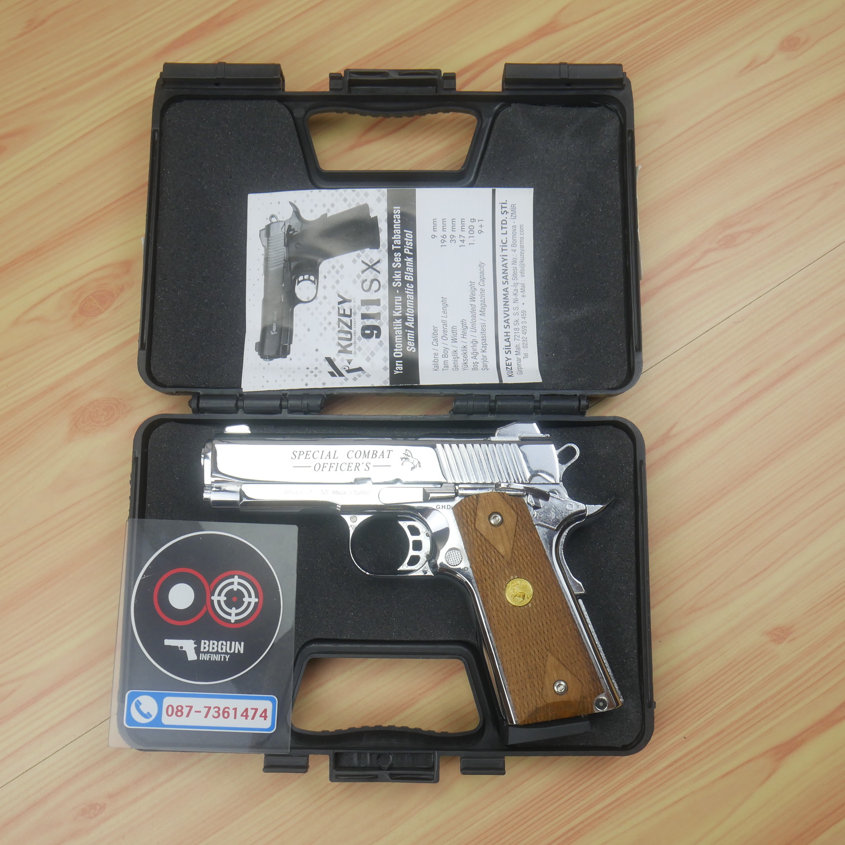 แบลงค์กัน KUZEY Special Combat Officer's ลำกล้อง 4 นิ้ว สีเงินเงา blank gun ด้ามไม้ (แถมกล่องใส่ปืน)