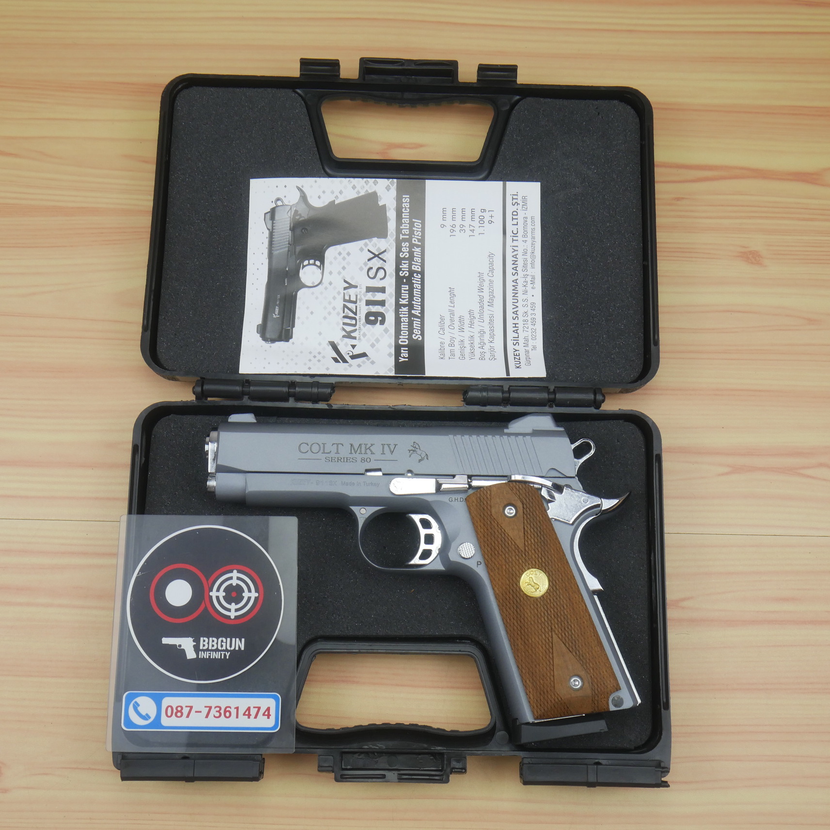 แบลงค์กัน KUZEY M1911 COLT MK IV SERIES 80 Smoke 4 นิ้ว สีสโมค ด้ามไม้ Blank Gun