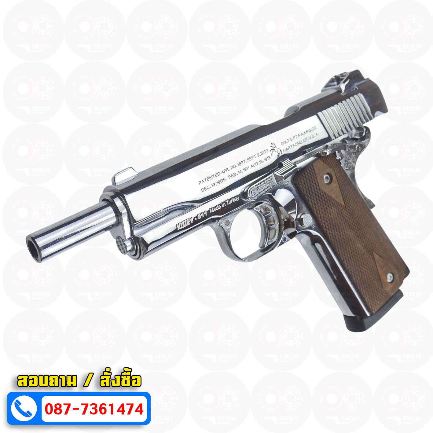 แบลงค์กัน KUZEY M1911 COLT'S 100 ปี สีเงินเงา ลำกกล้อง 5 นิ้ว blank gun ด้ามไม้