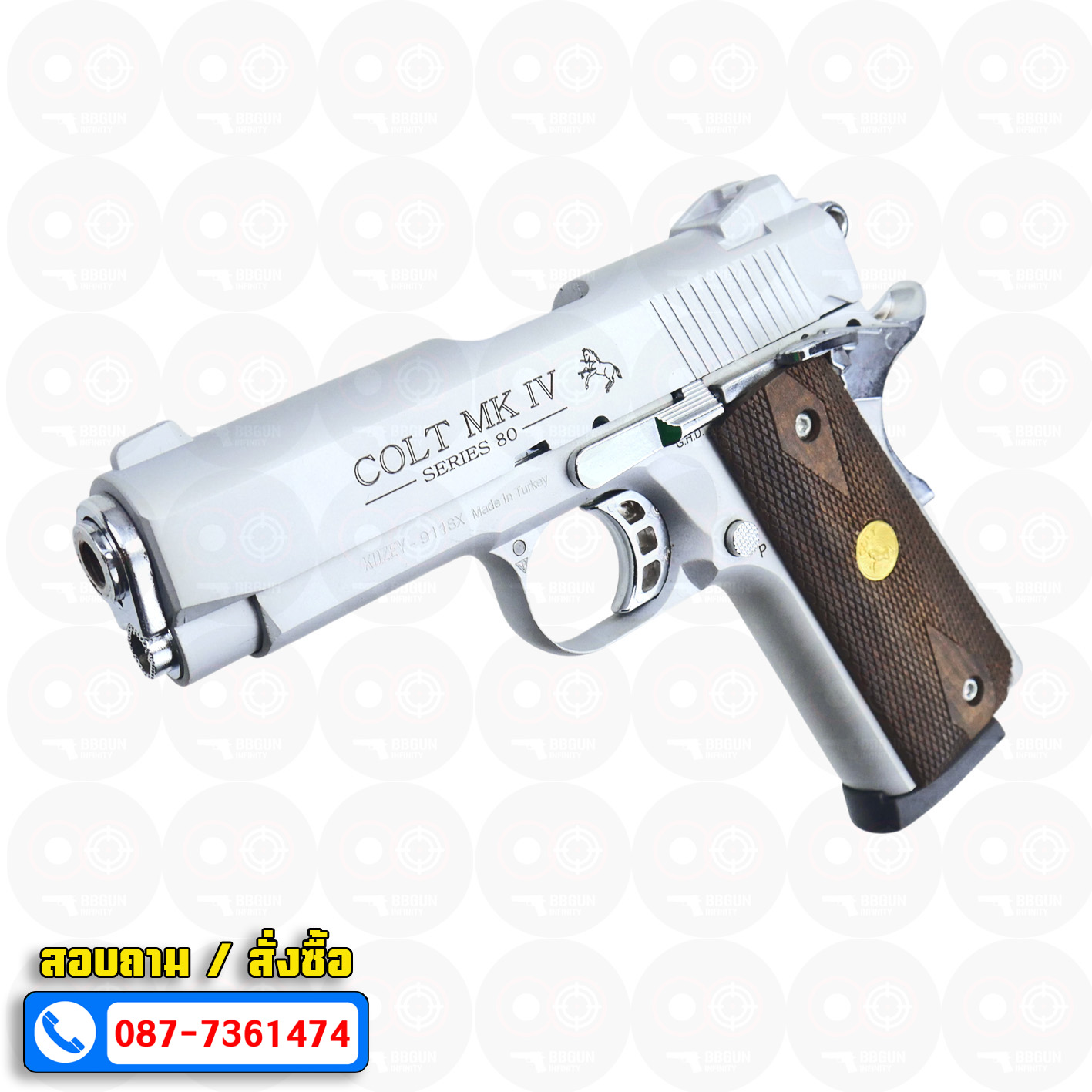 Blank Gun KUZEY M1911 COLT MK IV SERIES 80 ลำกล้อง 4 นิ้ว เงินด้าน แบลงค์กัน ด้ามไม้ (แถมกล่องใส่ปืน)