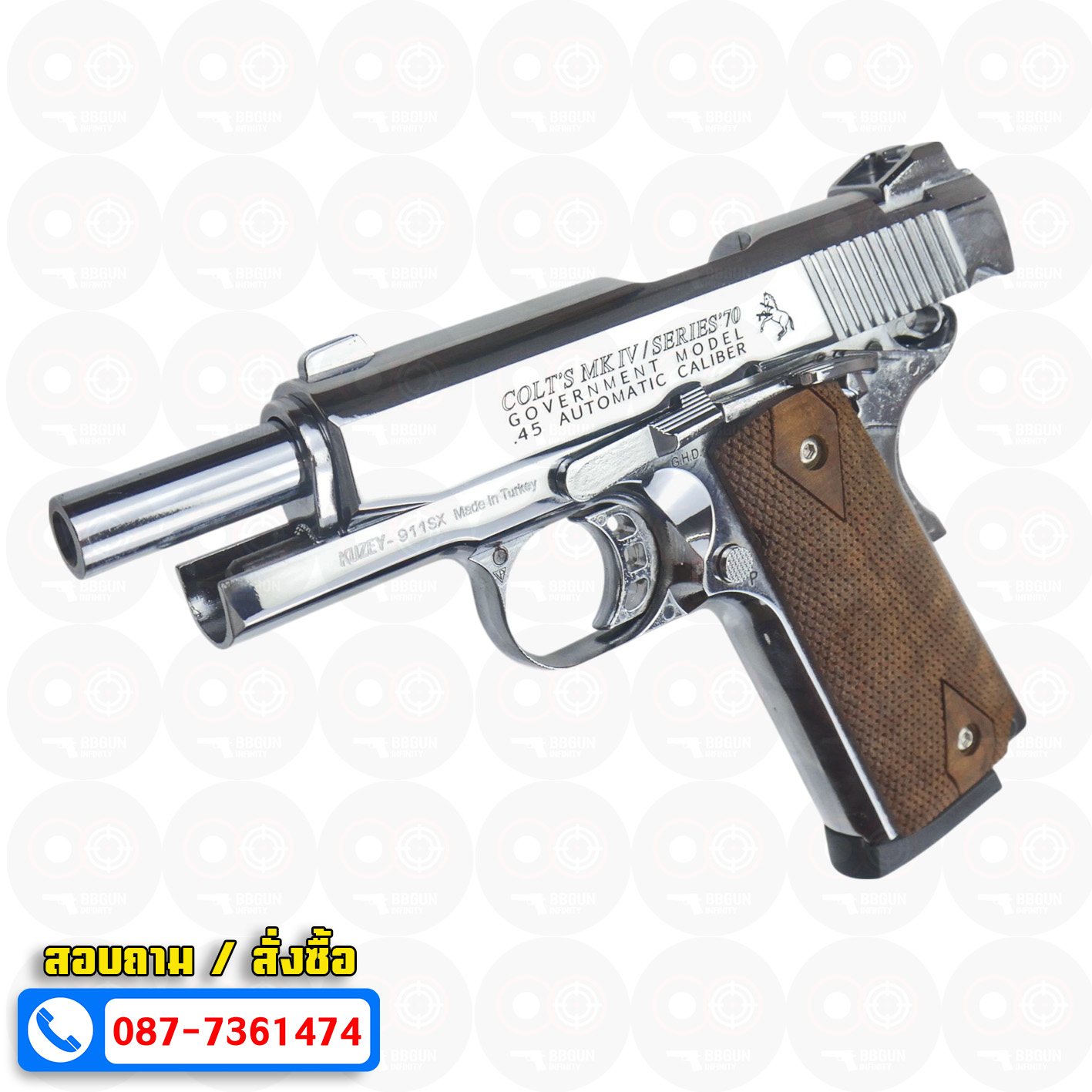 แบลงค์กัน KUZEY M1911 COLT MK IV SR70 สีเงินเงา 4 นิ้ว ด้ามไม้ blank gun