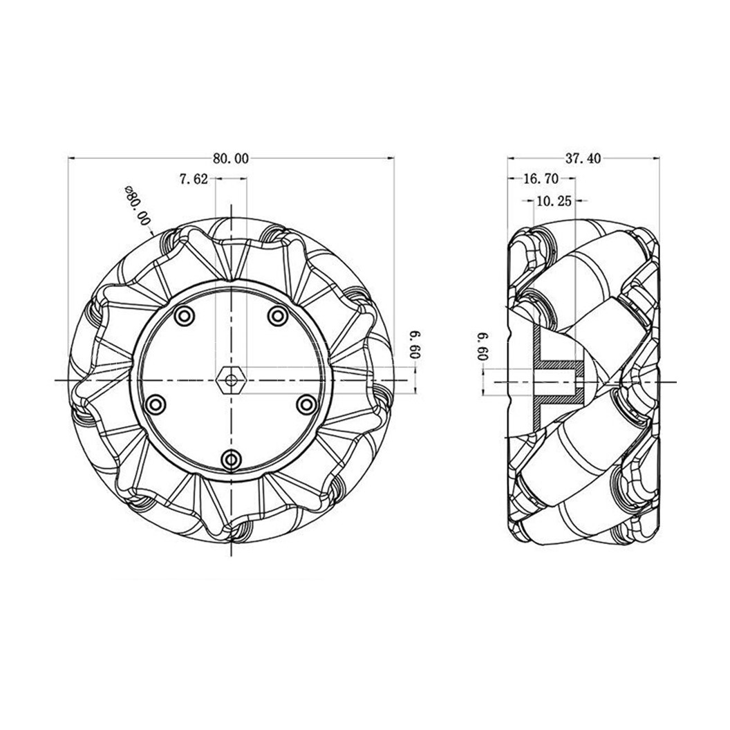 (1ชุด มี 2ล้อ-ซ้าย,ขวา) AD149+ZA311 ชุดล้อ แมคคานัม ล้อหมุนรอบทิศทาง ขนาด 80MM-A สีดำ (พร้อมแกนล้อ ขนาด 6.7mm) Black Mecanum Wheel 80MM-A with 6.7mm couplings