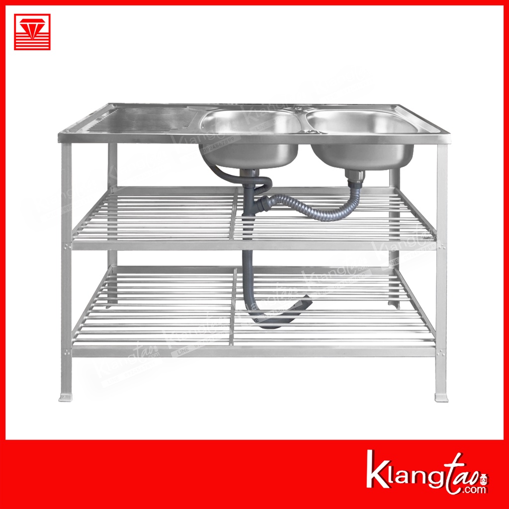 Diamond อ่างล้างจาน อ่างคู่ 2 ชั้น ตราเพชร 50x120x80 ซม. | ซิงค์ล้างจานสแตนเลส เกรด 304 ขาอลูมิเนียม พร้อม ก๊อกน้ำดัดได้