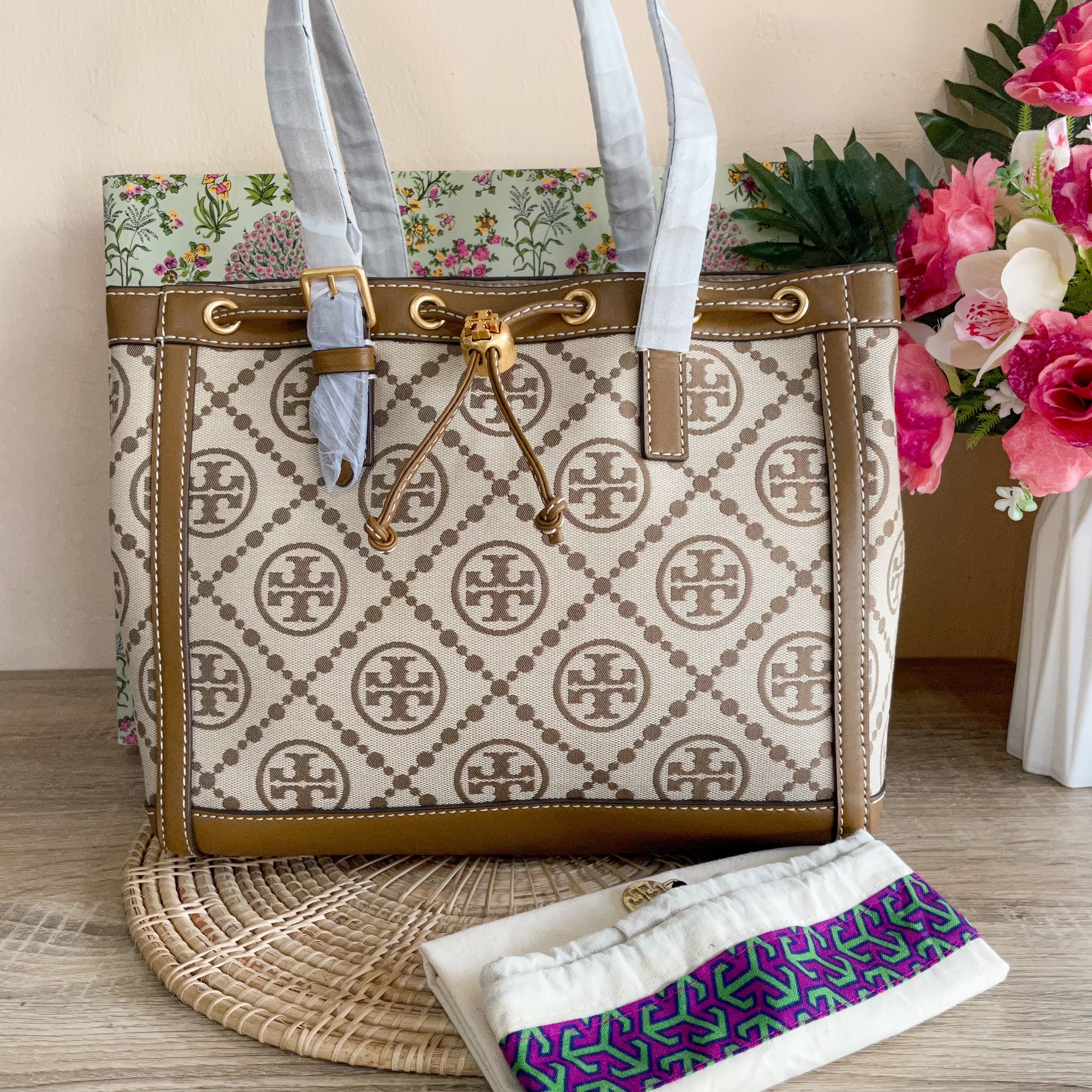 TORY BURCH T MONOGRAM JACQUARD SMALL TOTE BAG