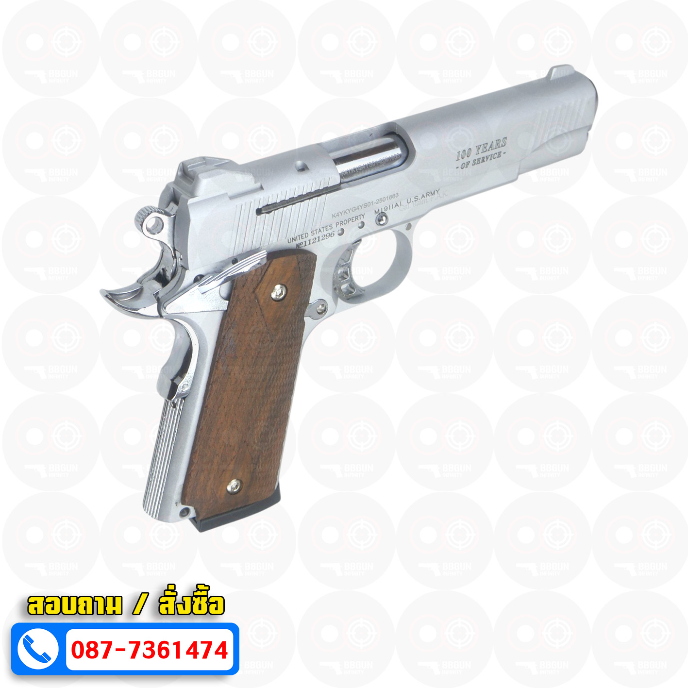 แบลงค์กัน KUZEY M1911 COLT'S 100 ปี สีเงินด้าน 5 นิ้ว ด้ามไม้ blank gun