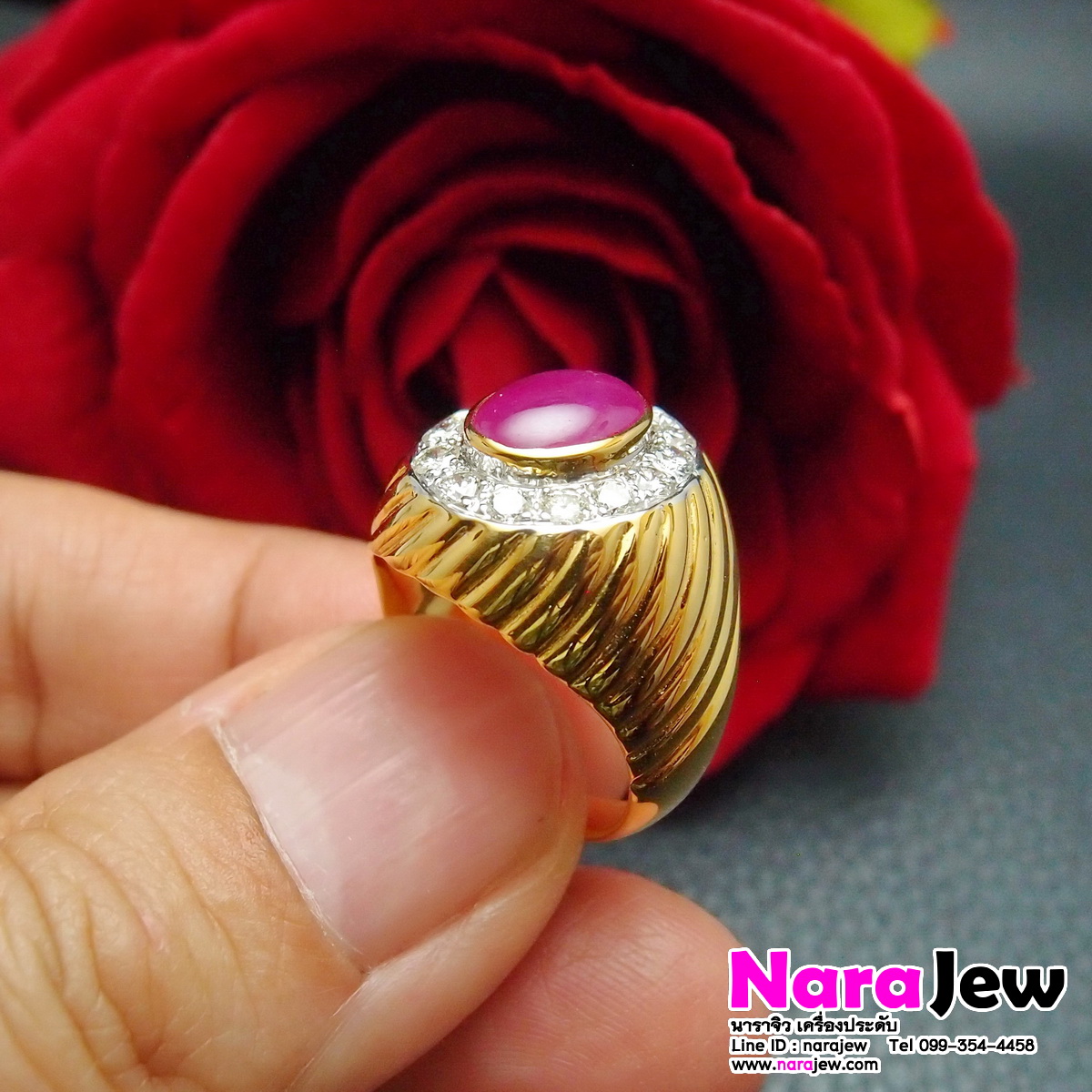 แหวนทับทิมพม่าชาย ล้อมเพชรแท้ ทับทิมพม่า สี Pinkish Red Ruby พร้อมใบเซอร์สถาบันอัญมณี GBL หลุดจำนำ